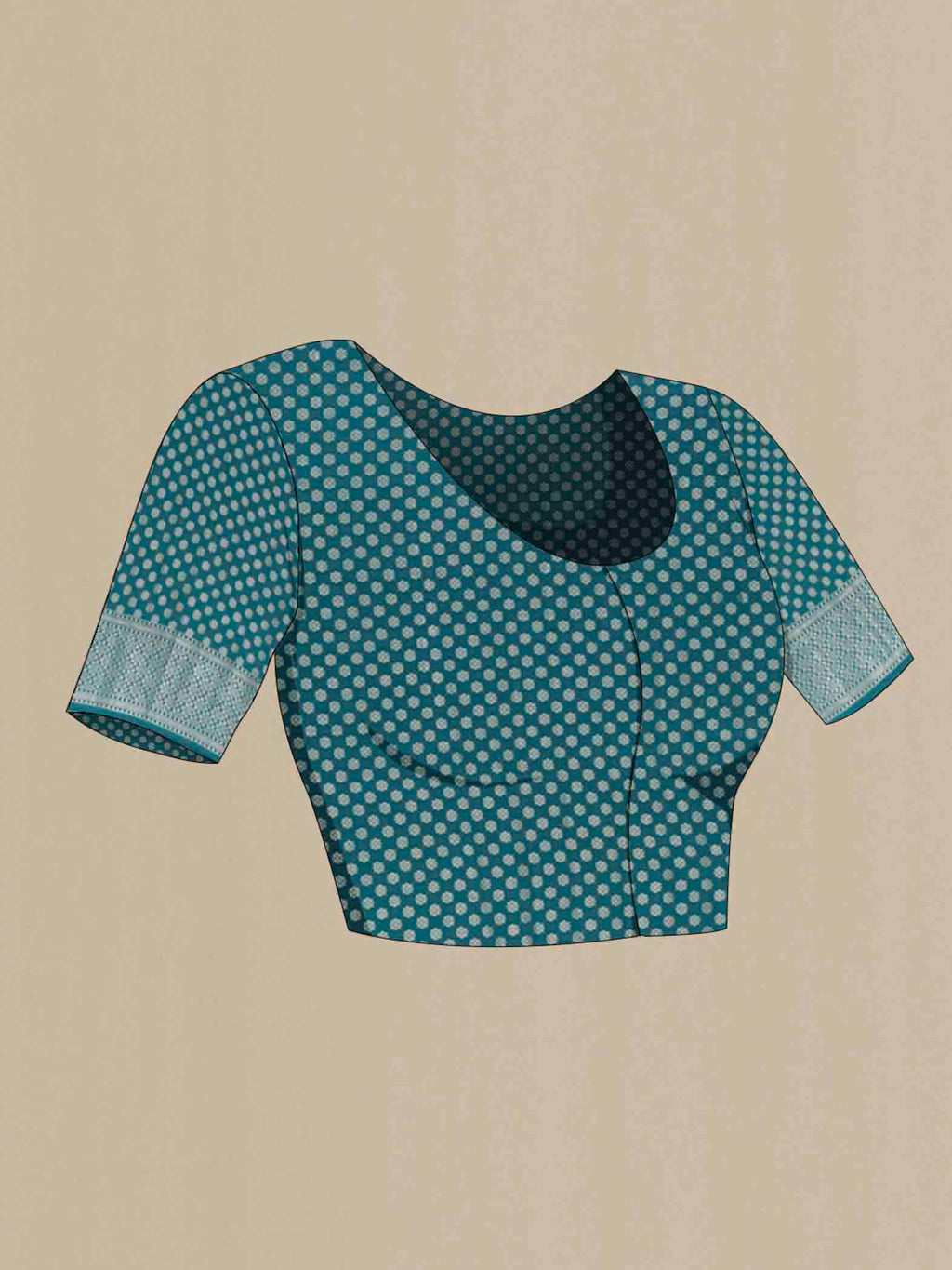 Close up image of the blouse of Blue Banarasi Raw Silk Saree with Zari Butta on the body and Zari Border