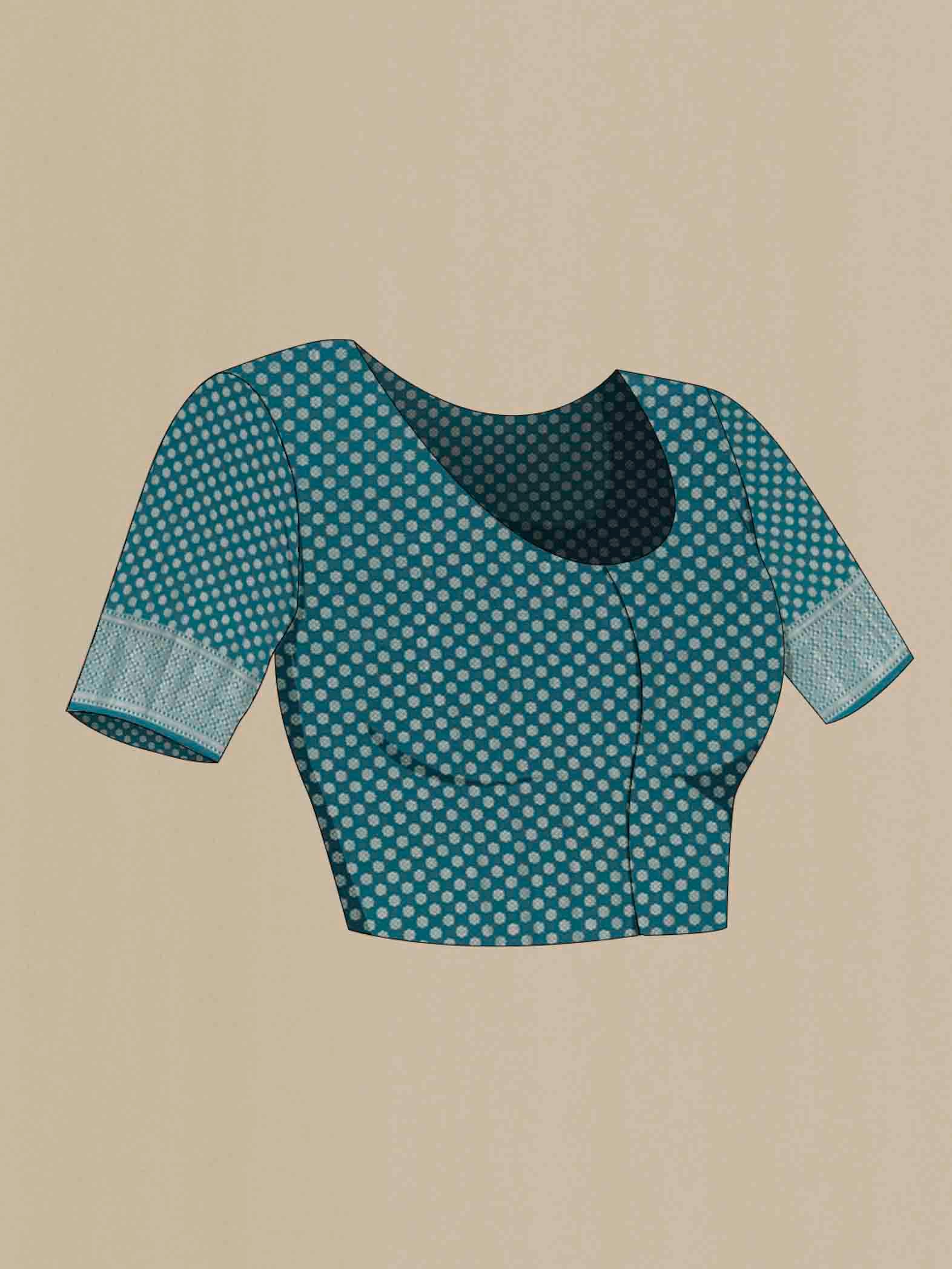 Close up image of the blouse of Blue Banarasi Raw Silk Saree with Zari Butta on the body and Zari Border