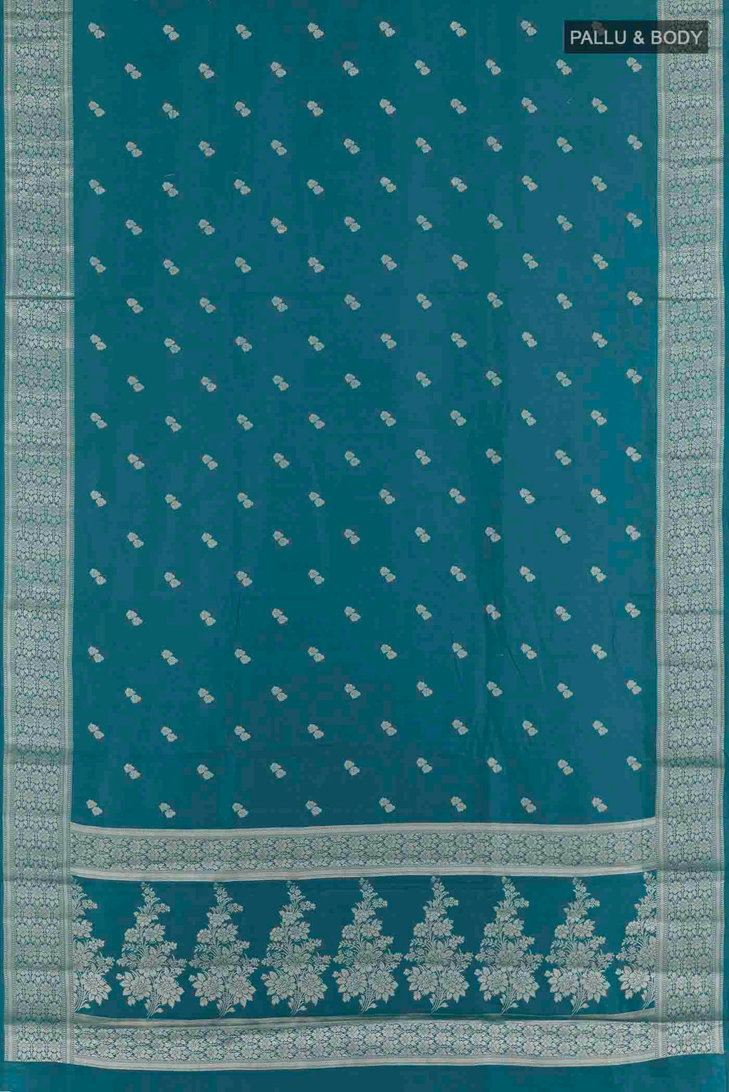 Flat view of Blue Banarasi Raw Silk Saree with Zari Butta on the body and Zari Border