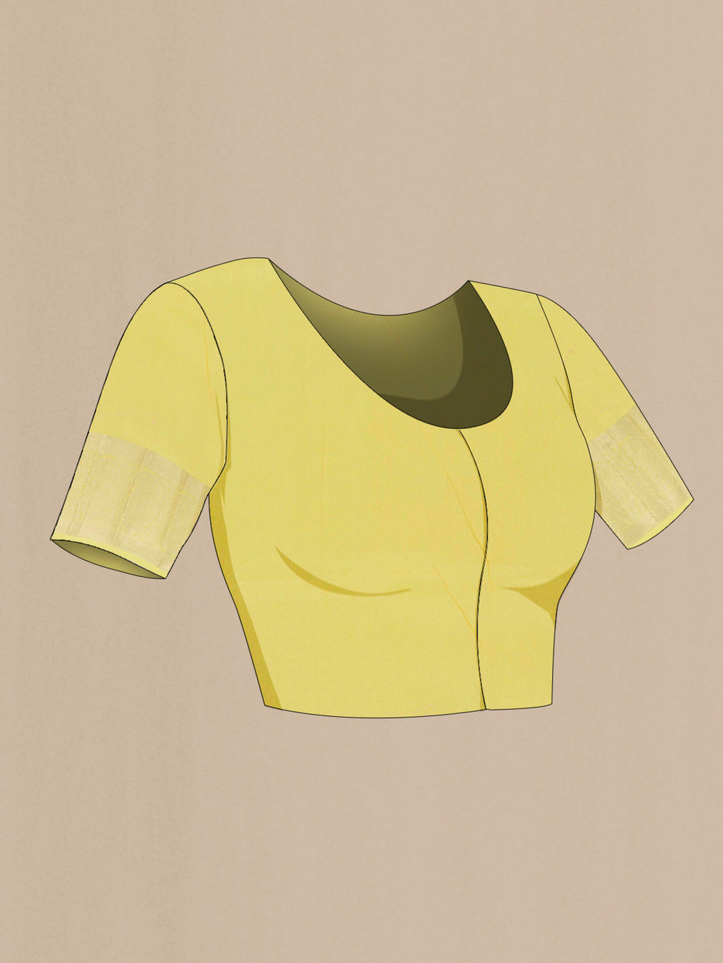 Close up image of the blouse of Lemon Yellow Banarasi Raw Silk Saree with Zari Butta on the body and Zari Border