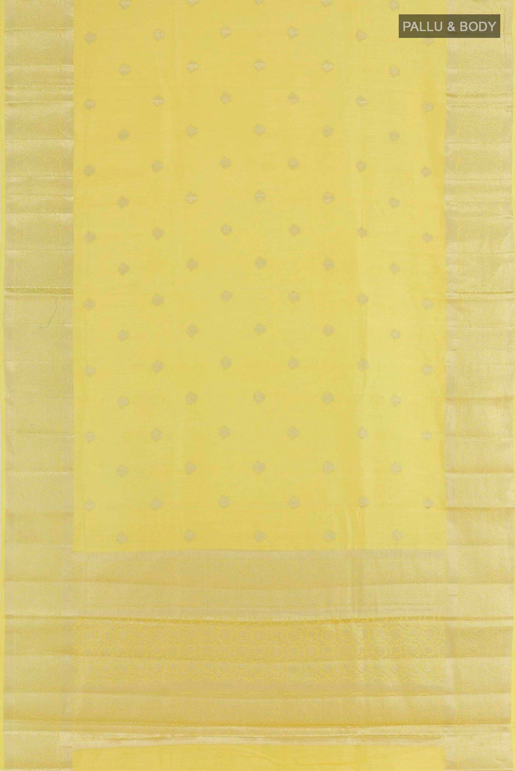 Flat view of Lemon Yellow Banarasi Raw Silk Saree with Zari Butta on the body and Zari Border