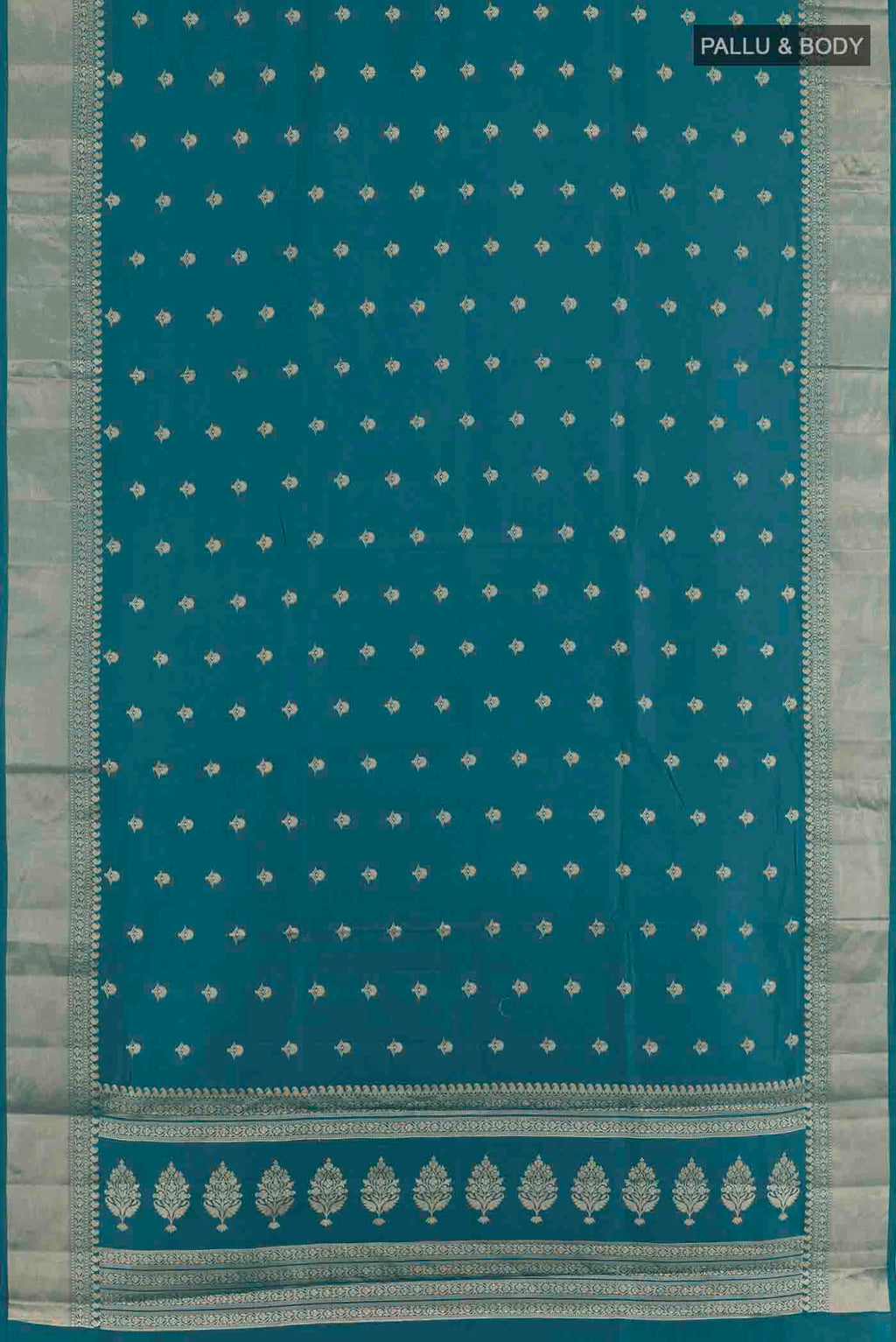 Flat view of Blue Banarasi Raw Silk Saree with Zari Butta on the body and Zari Border