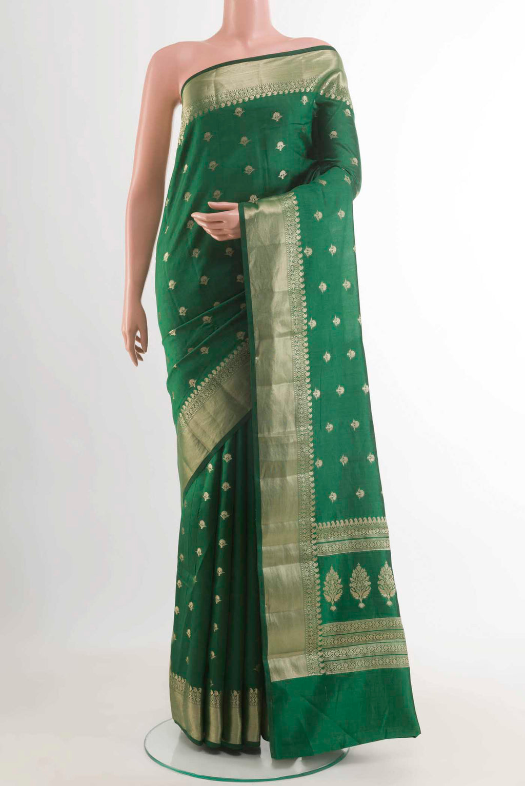 Green Banarasi Raw Silk Saree with Zari Butta on the body and Zari Border displayed on a mannequin
