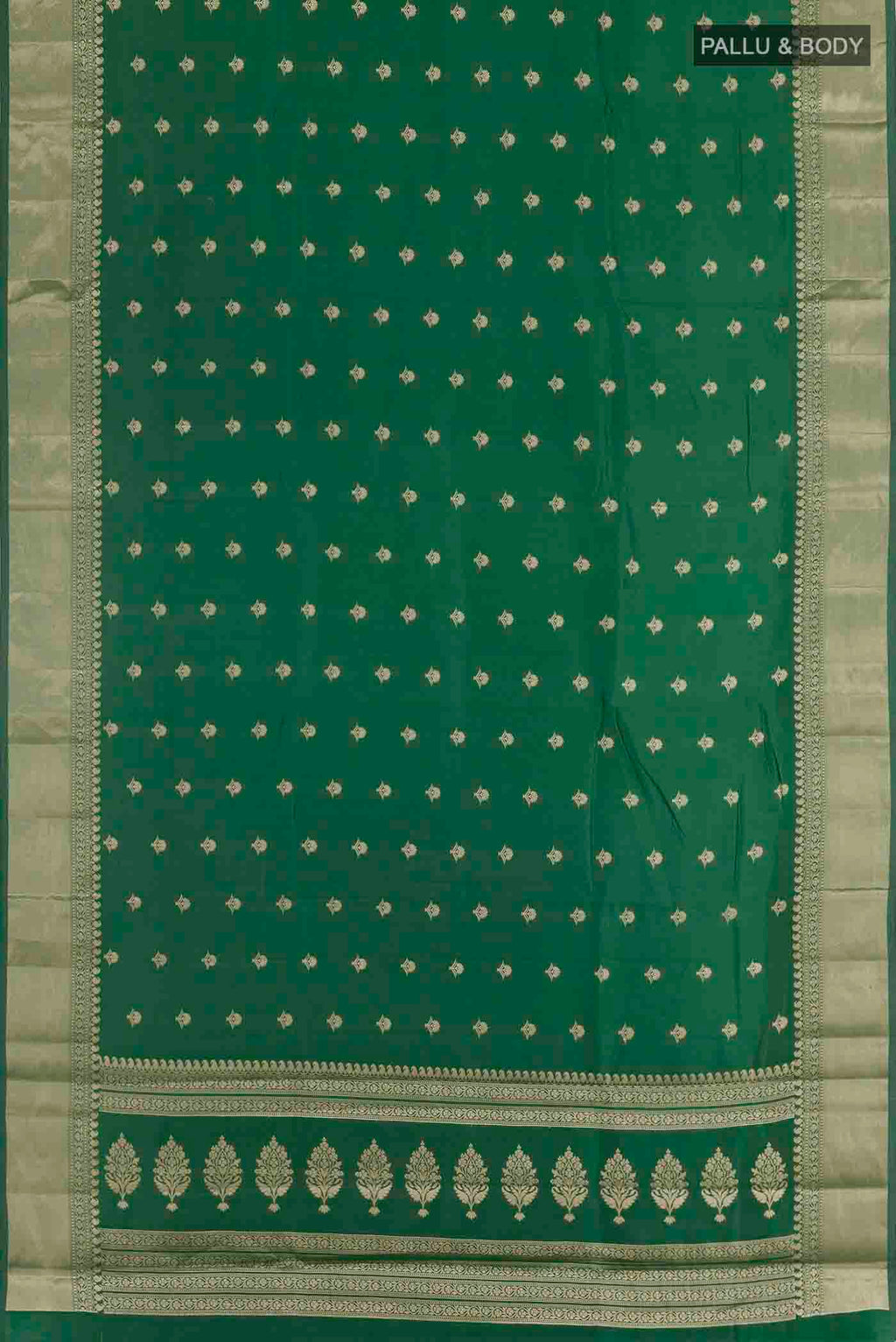 Flat view of Green Banarasi Raw Silk Saree with Zari Butta on the body and Zari Border