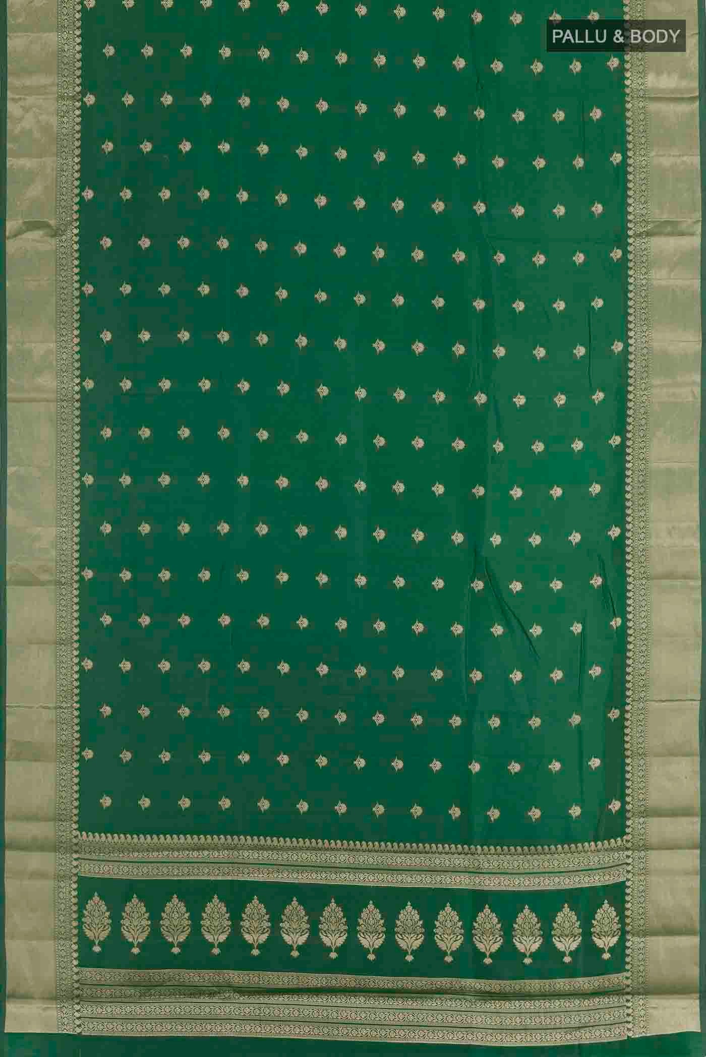 Flat view of Green Banarasi Raw Silk Saree with Zari Butta on the body and Zari Border