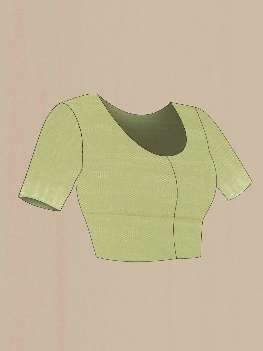 Close up image of the blouse of Pista Green Banarasi Raw Silk Saree with Zari Butta on the body and Zari Border