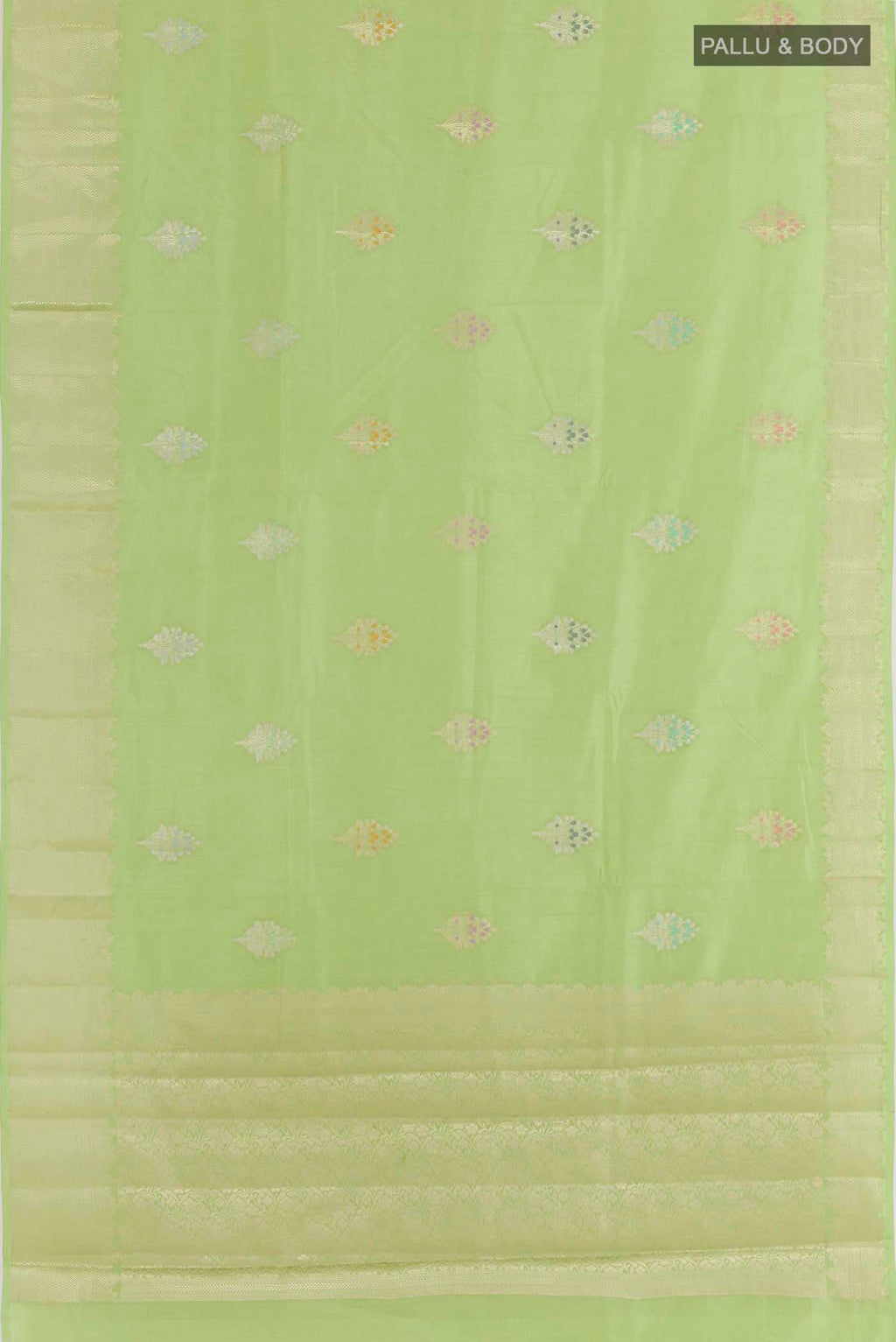 Flat view of Pista Green Banarasi Raw Silk Saree with Zari Butta on the body and Zari Border