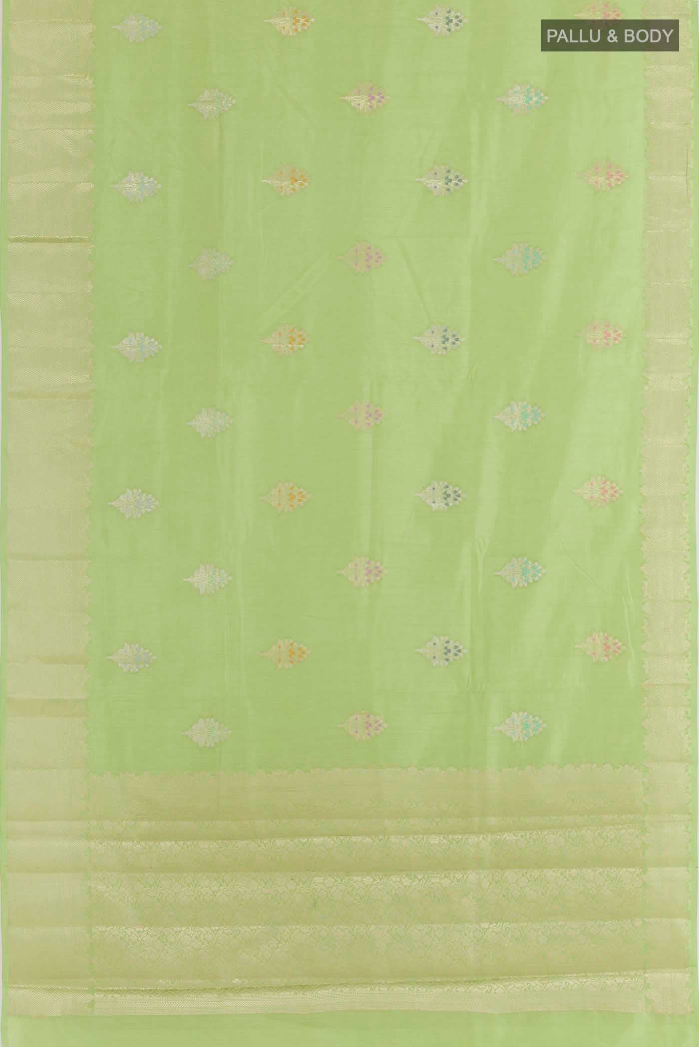 Flat view of Pista Green Banarasi Raw Silk Saree with Zari Butta on the body and Zari Border