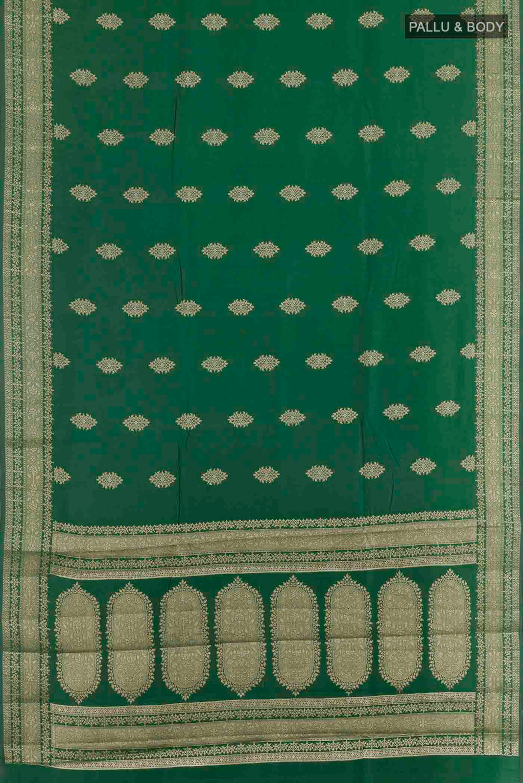 Flat view of Green Banarasi Raw Silk Saree with Zari Butta on the body and Zari Border
