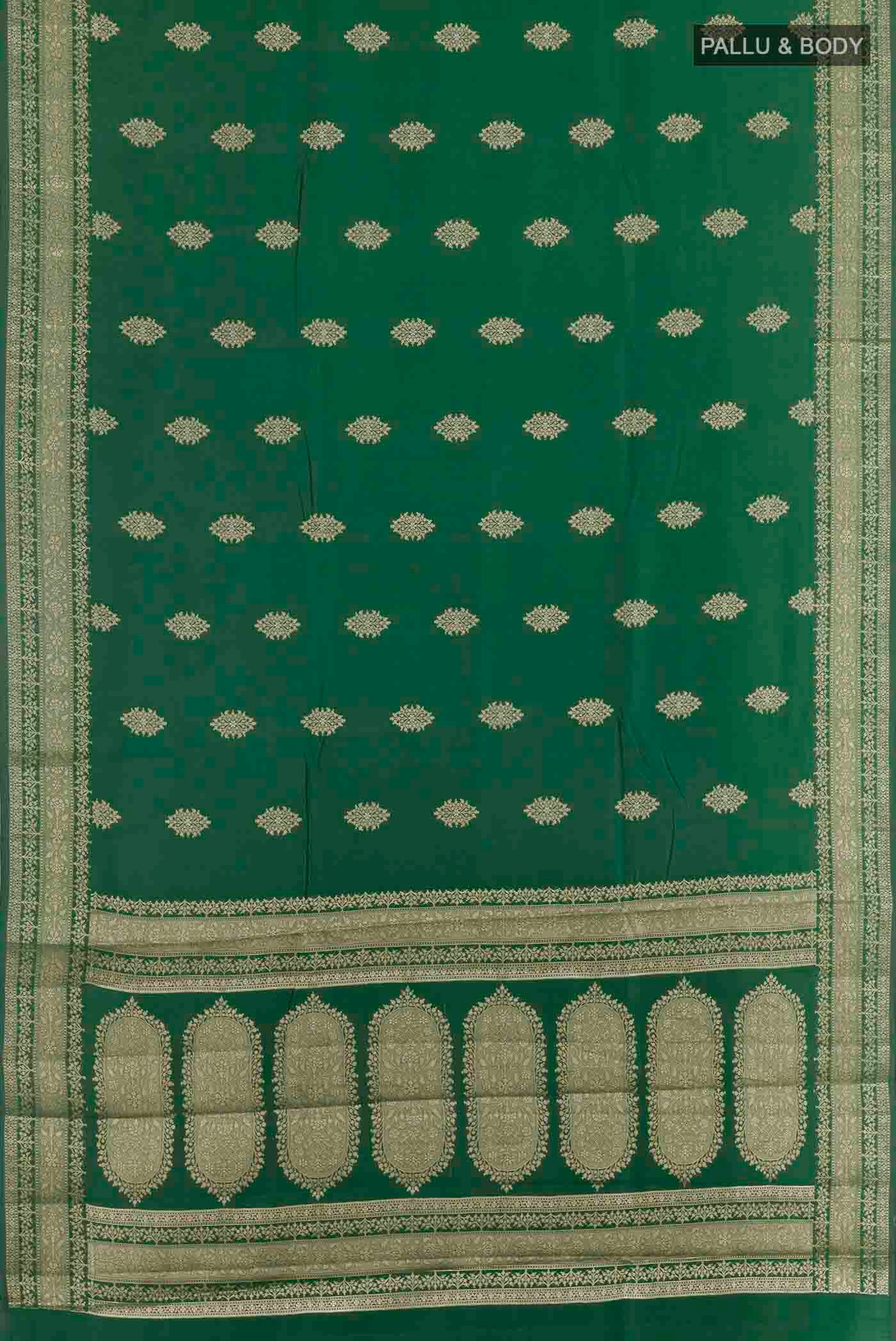 Flat view of Green Banarasi Raw Silk Saree with Zari Butta on the body and Zari Border