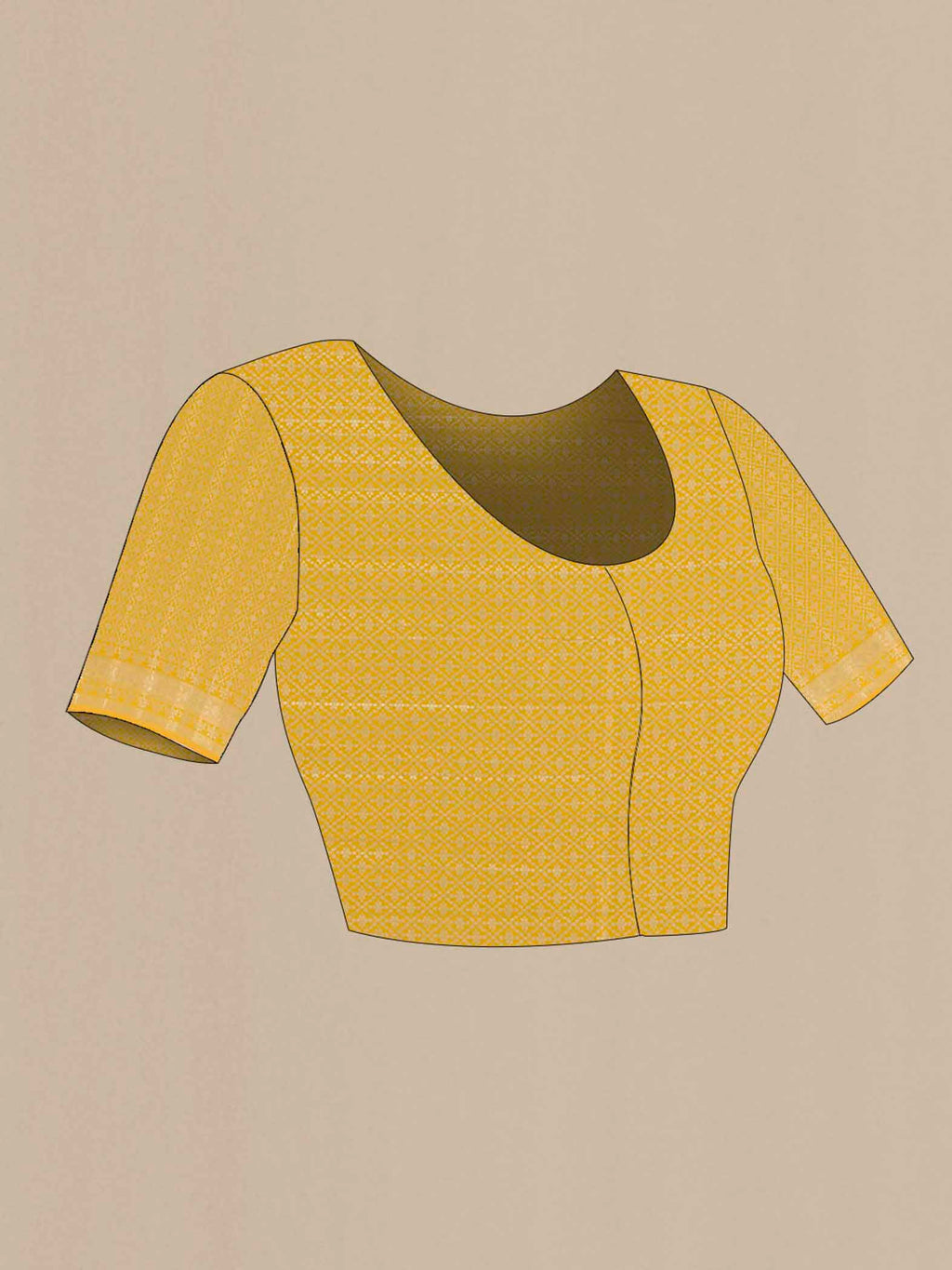 Close up image of the blouse of Yellow Banarasi Raw Silk Saree with Zari Butta on the body and Zari Border