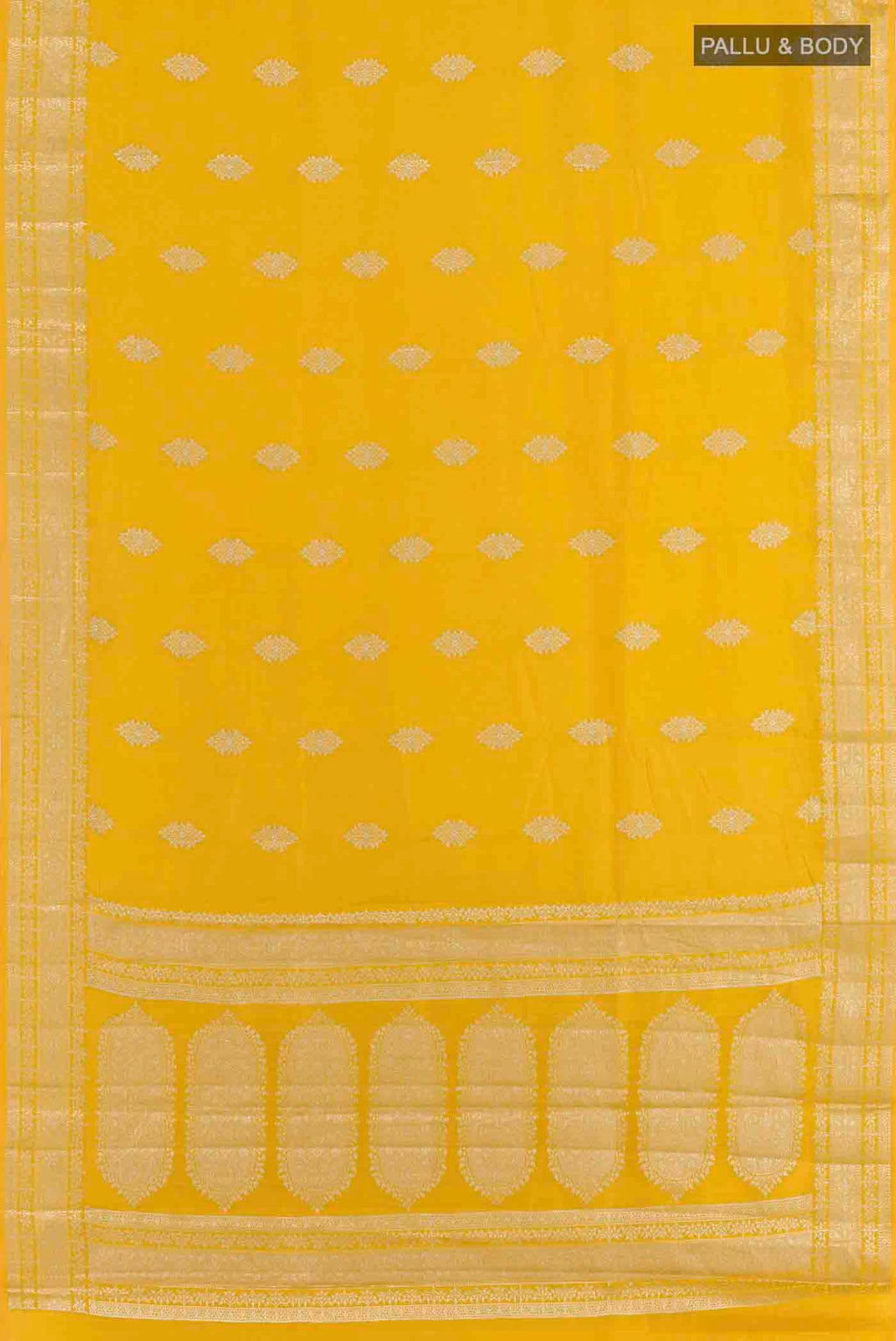 Flat view of Yellow Banarasi Raw Silk Saree with Zari Butta on the body and Zari Border