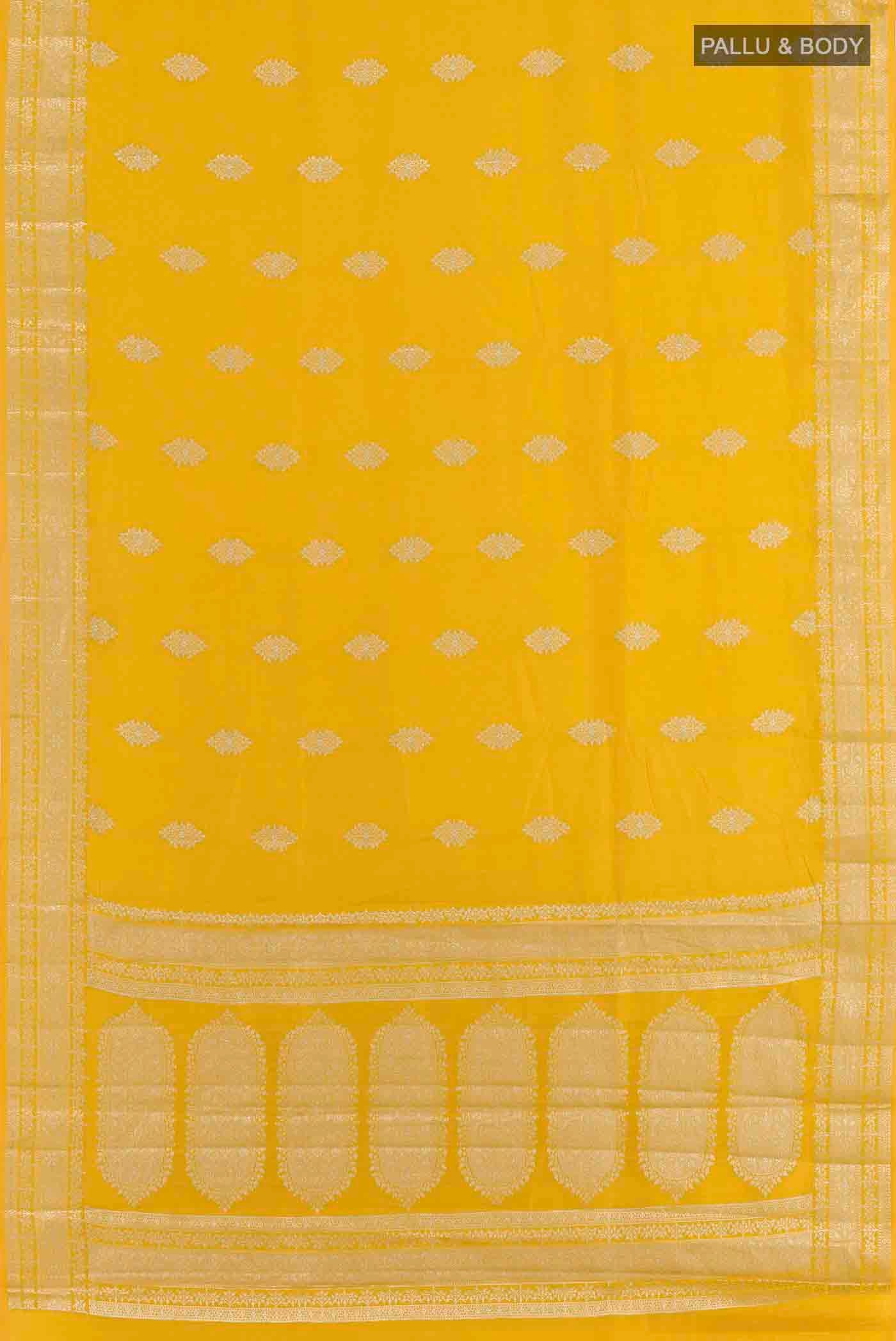 Flat view of Yellow Banarasi Raw Silk Saree with Zari Butta on the body and Zari Border