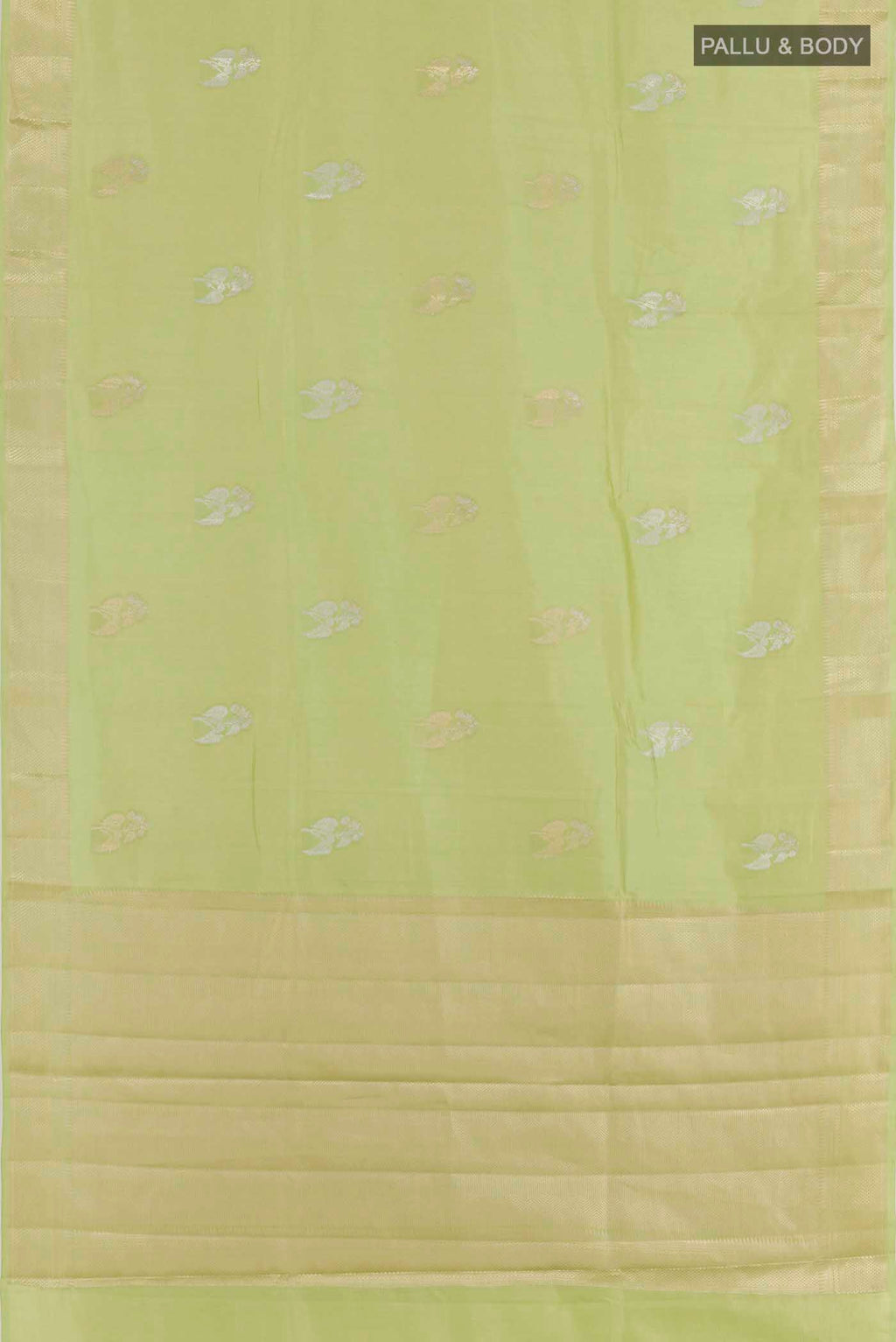 Flat view of Light Green Banarasi Raw Silk Saree with Zari Butta on the body and Zari Border