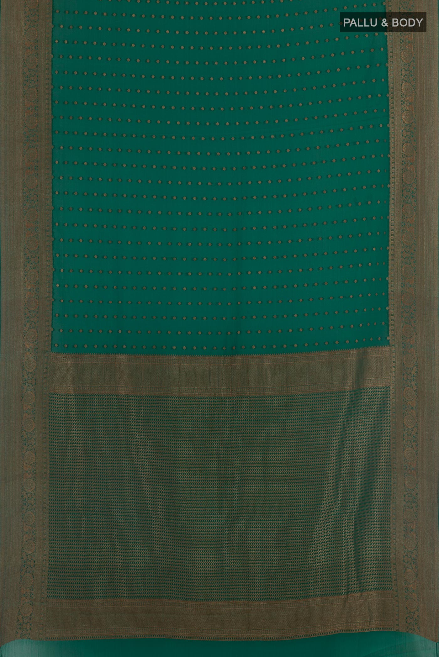 Flat view of Green Mysore Crepe Saree with Zari Butta on the body and Zari Border. 