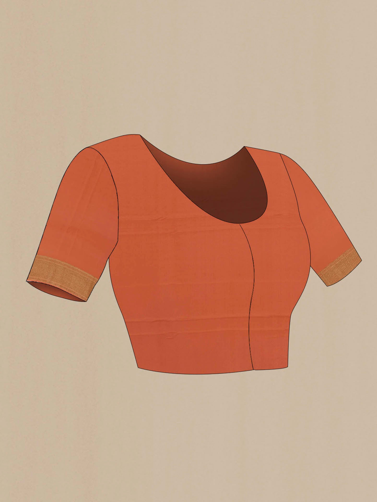 Close up image of the blouse of Rust Mysore Crepe Saree with Zari Brocade on the body and Zari Border