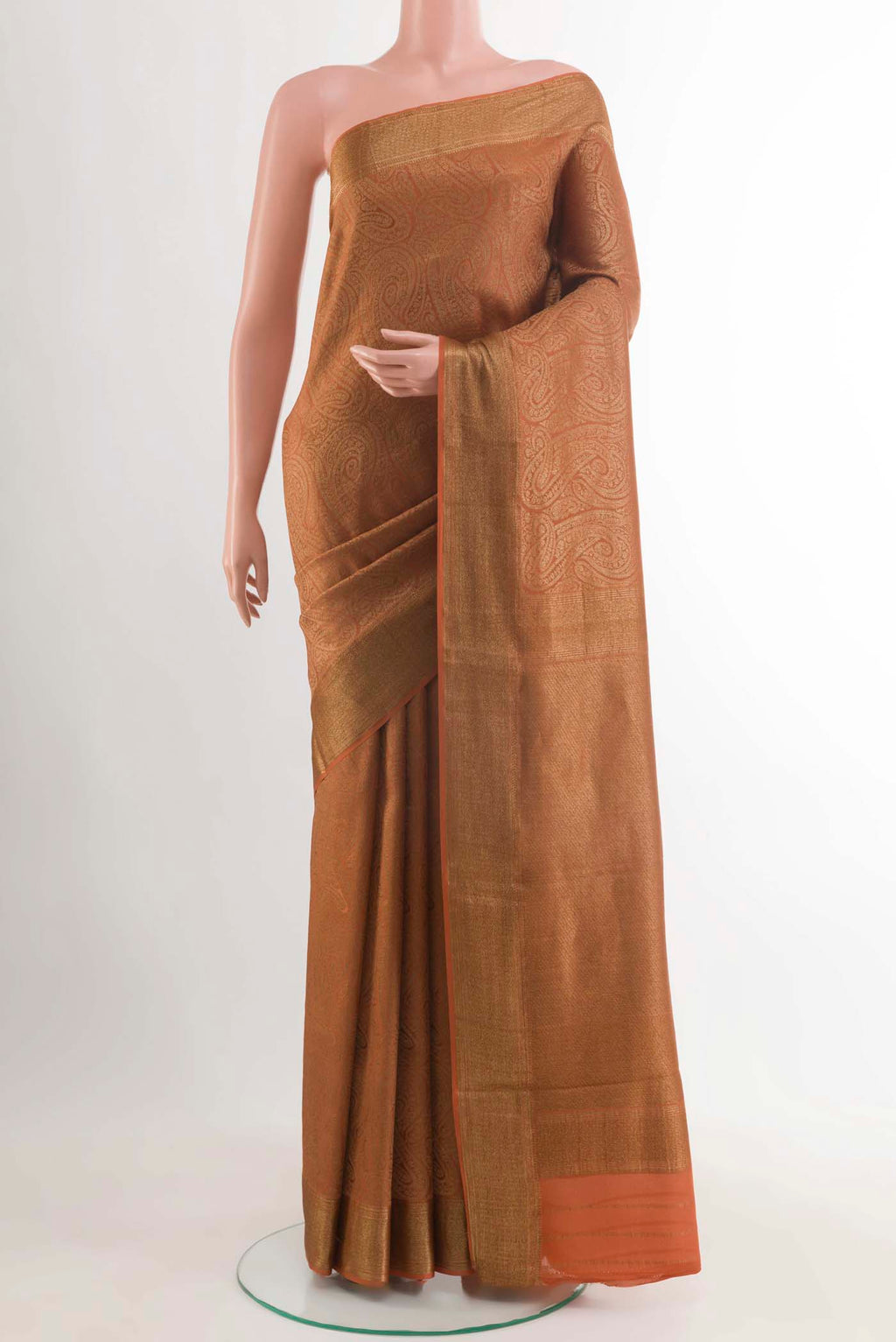 Rust Mysore Crepe Saree with Zari Brocade on the body and Zari Border displayed on a mannequin