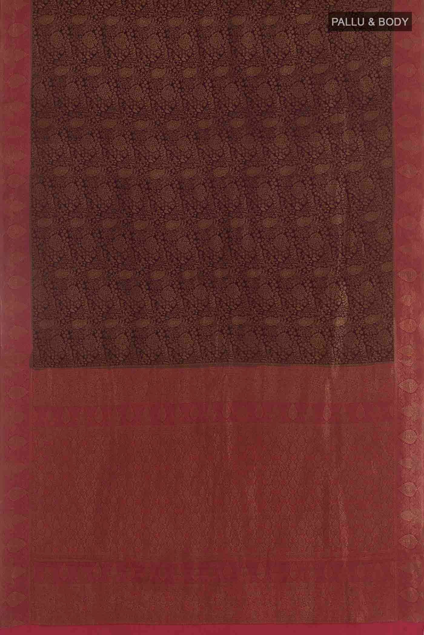 Flat view of Brown Mysore Crepe Saree with Zari Brocade on the body and Zari Border
