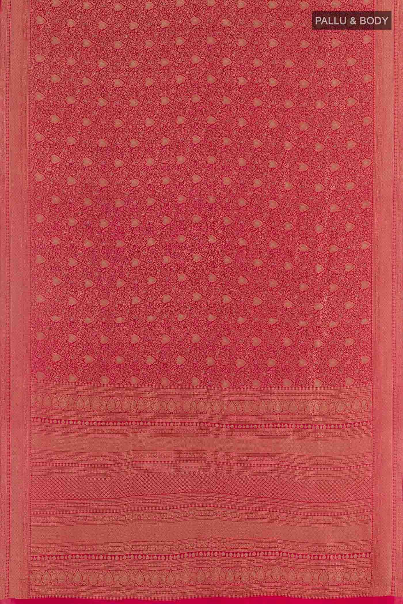 Flat view of Dark Pink Mysore Crepe Saree with Zari Brocade on the body and Zari Border