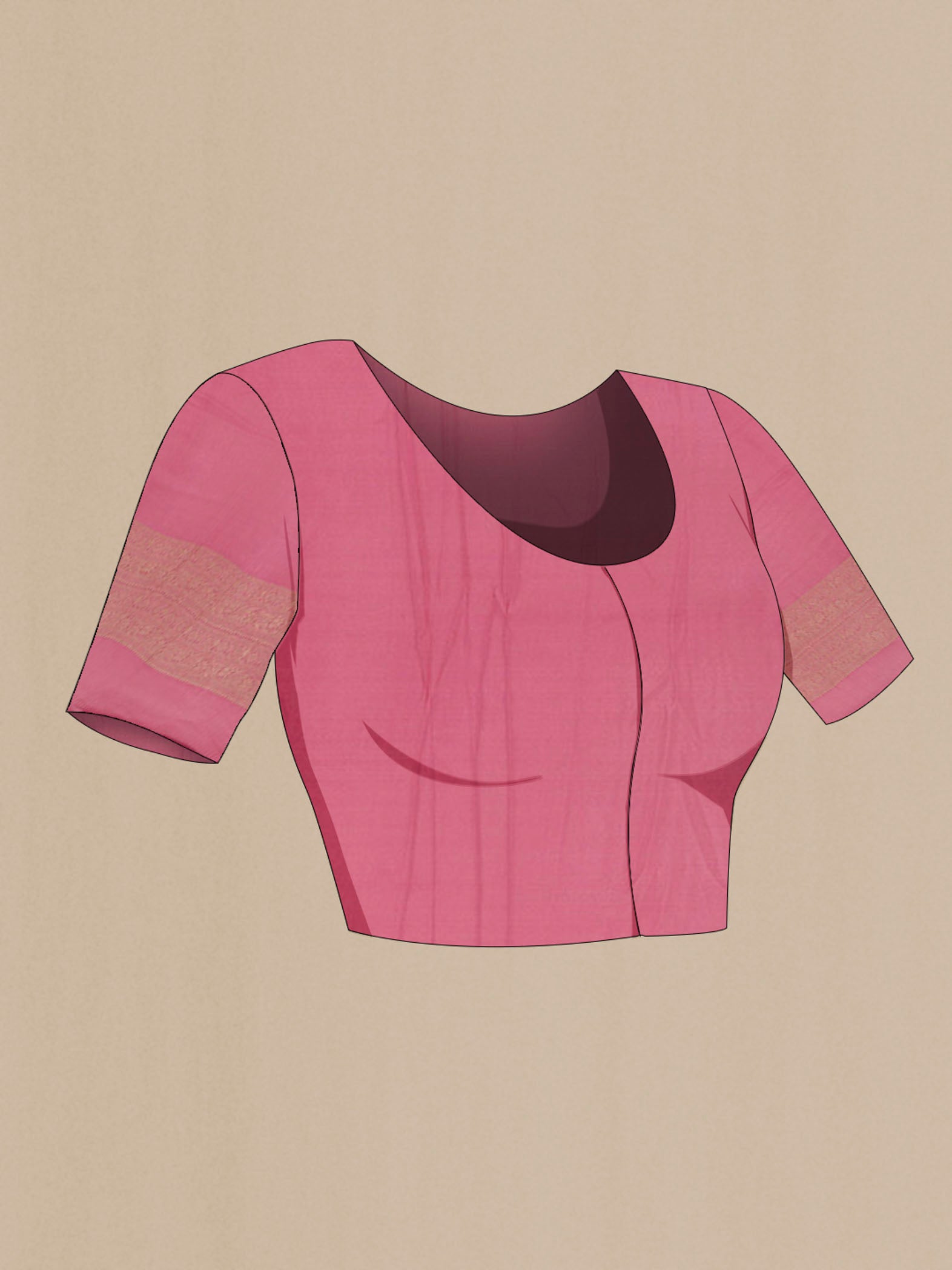Close up image of the blouse of Pink Mysore Crepe Saree with Zari Brocade on the body and Zari Border
