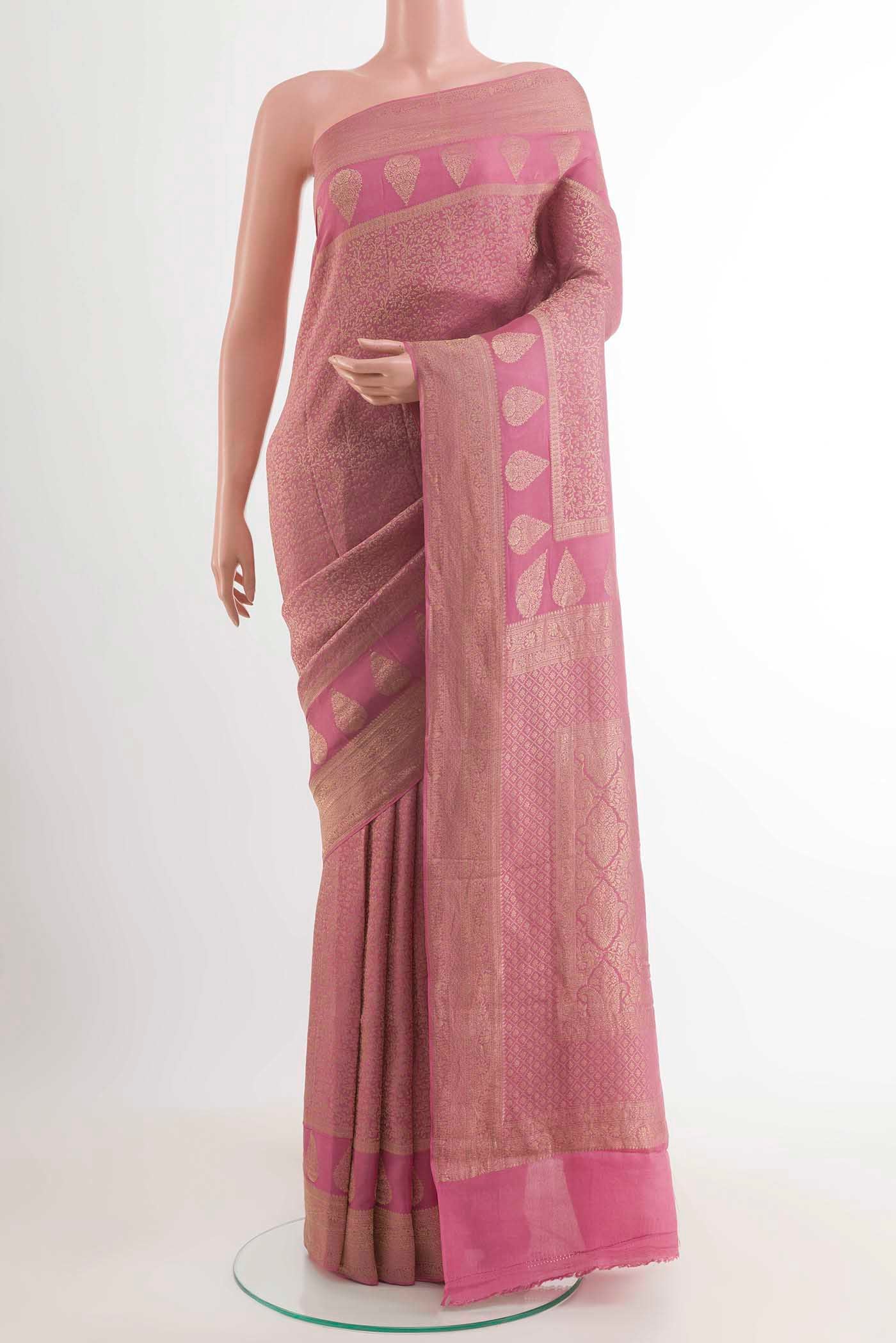 Pink Mysore Crepe Saree with Zari Brocade on the body and Zari Border displayed on a mannequin