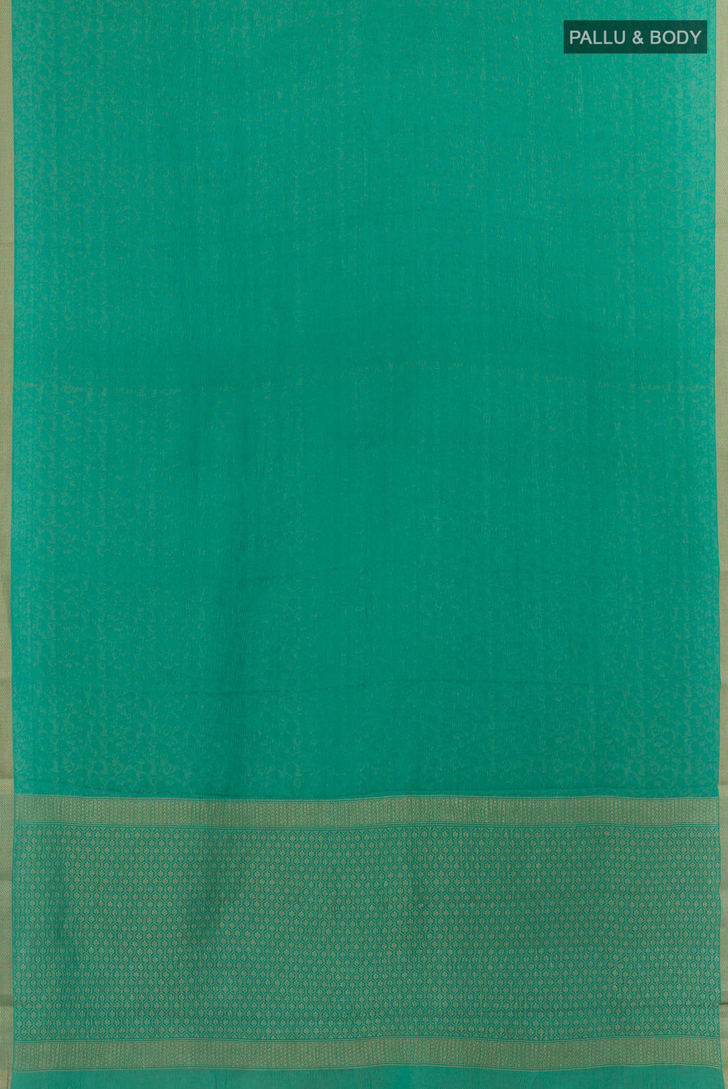Flat view of Sea Green Mysore Crepe Saree with Zari Brocade on the body and Zari Border. 