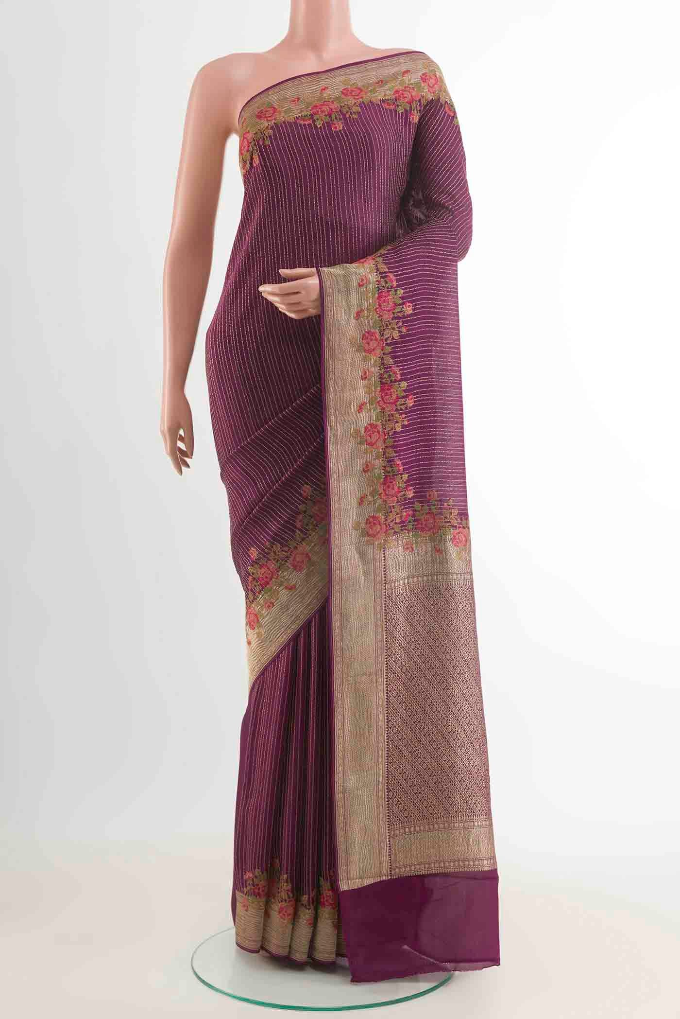 Purple Mysore Crepe Saree with Stripes on the body and Zari Border displayed on a mannequin