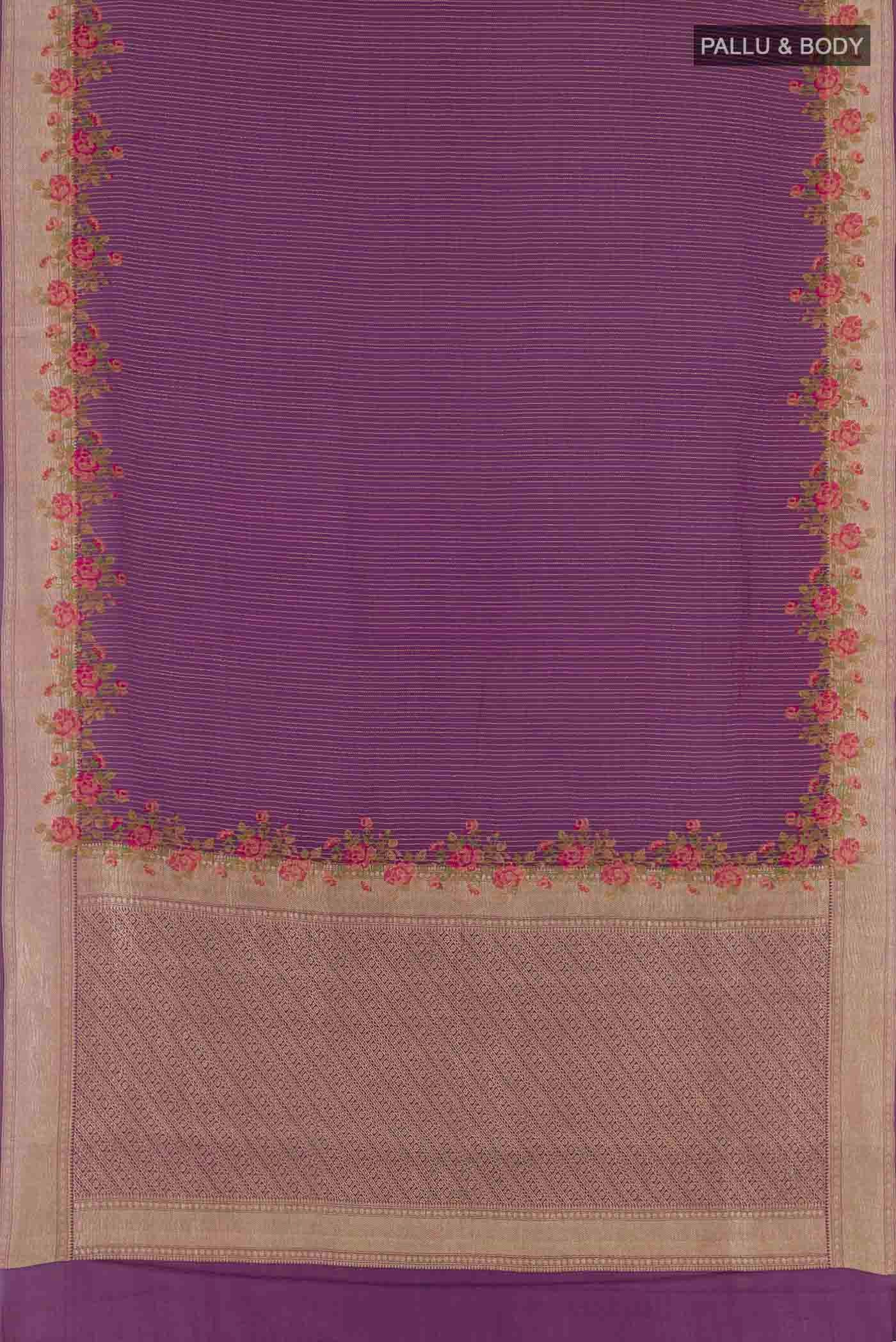 Flat view of Purple Mysore Crepe Saree with Stripes on the body and Zari Border