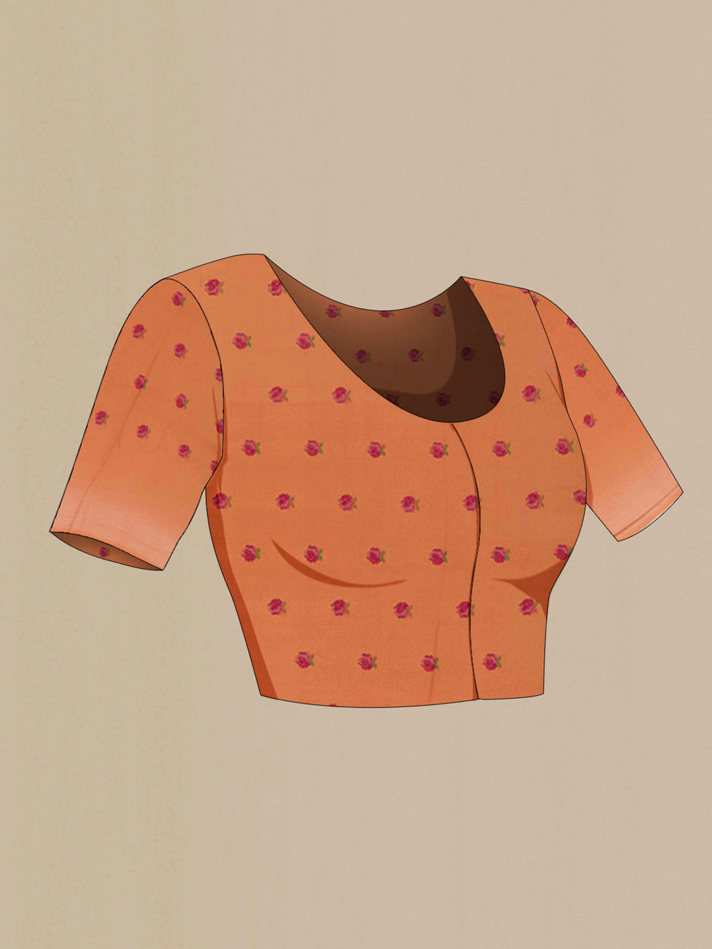 Close up image of the blouse of Orange Mysore Crepe Saree with Stripes on the body and Embroidery Border