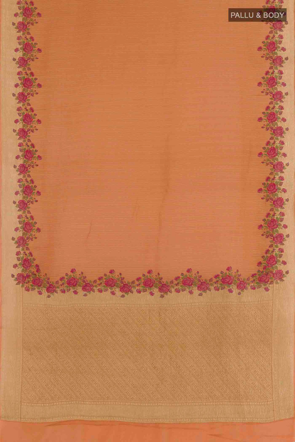 Flat view of Orange Mysore Crepe Saree with Stripes on the body and Embroidery Border