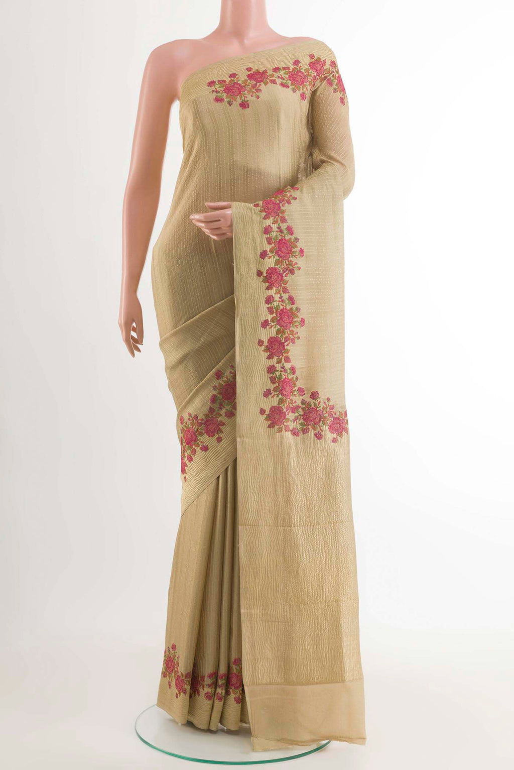 Beige Mysore Crepe Saree with Stripes on the body and Zari Border displayed on a mannequin