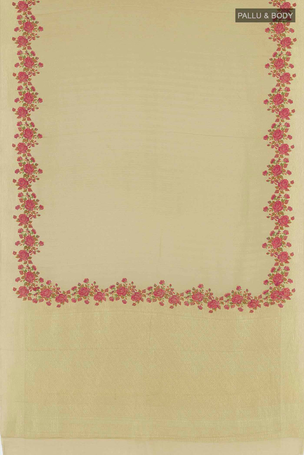 Flat view of Beige Mysore Crepe Saree with Stripes on the body and Zari Border