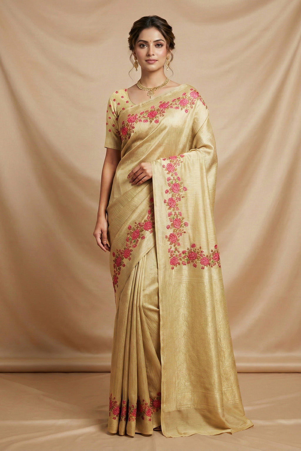 Model wearing a Beige Mysore Crepe Saree with Stripes on the body and Embroidery Border