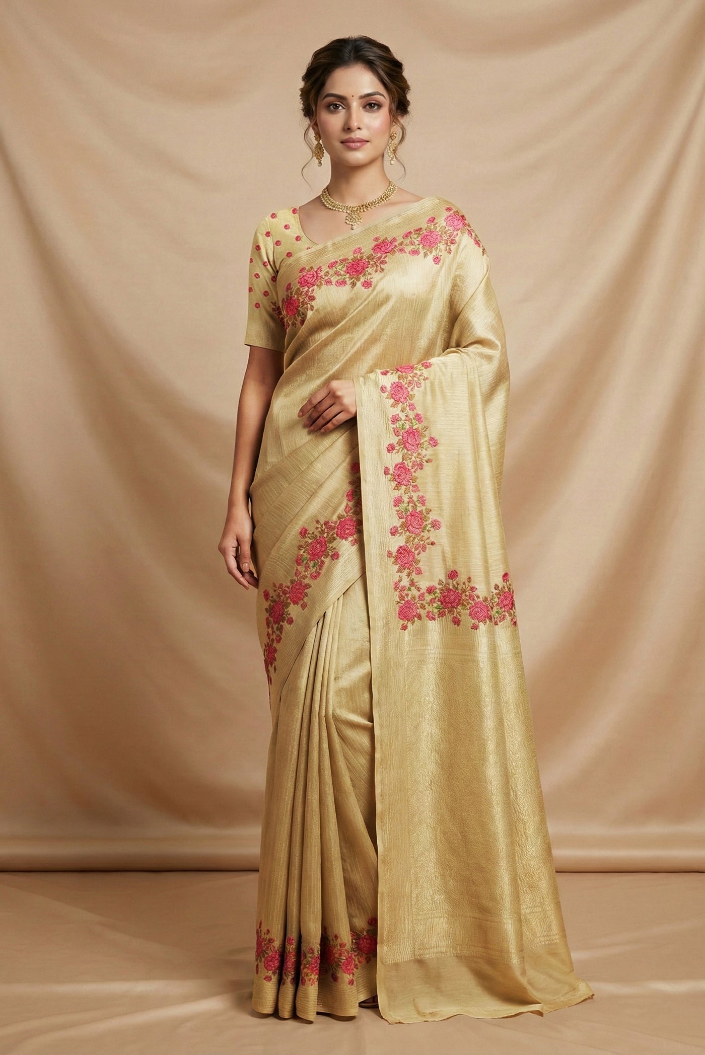 Model wearing a Beige Mysore Crepe Saree with Stripes on the body and Embroidery Border