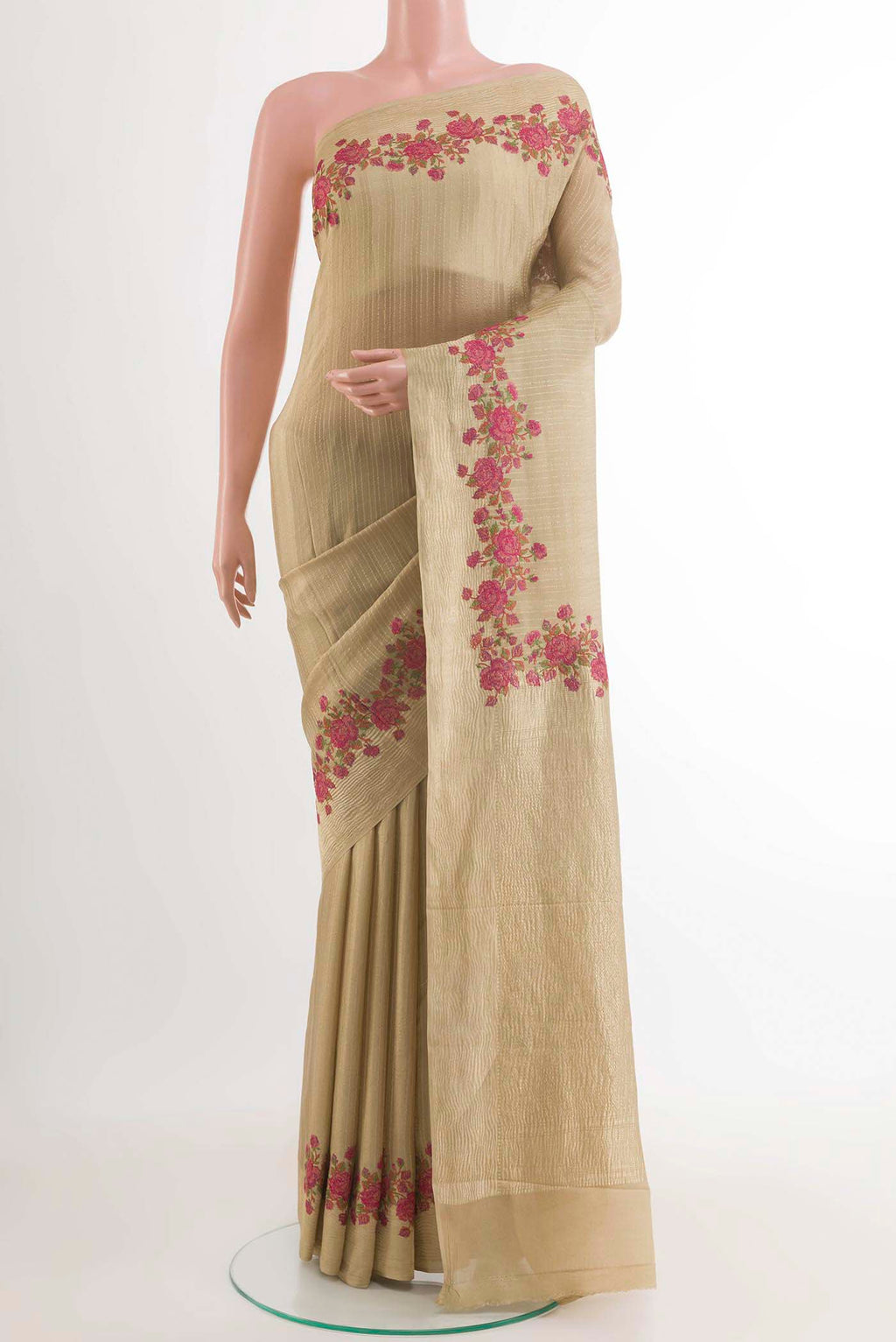 Beige Mysore Crepe Saree with Stripes on the body and Embroidery Border displayed on a mannequin