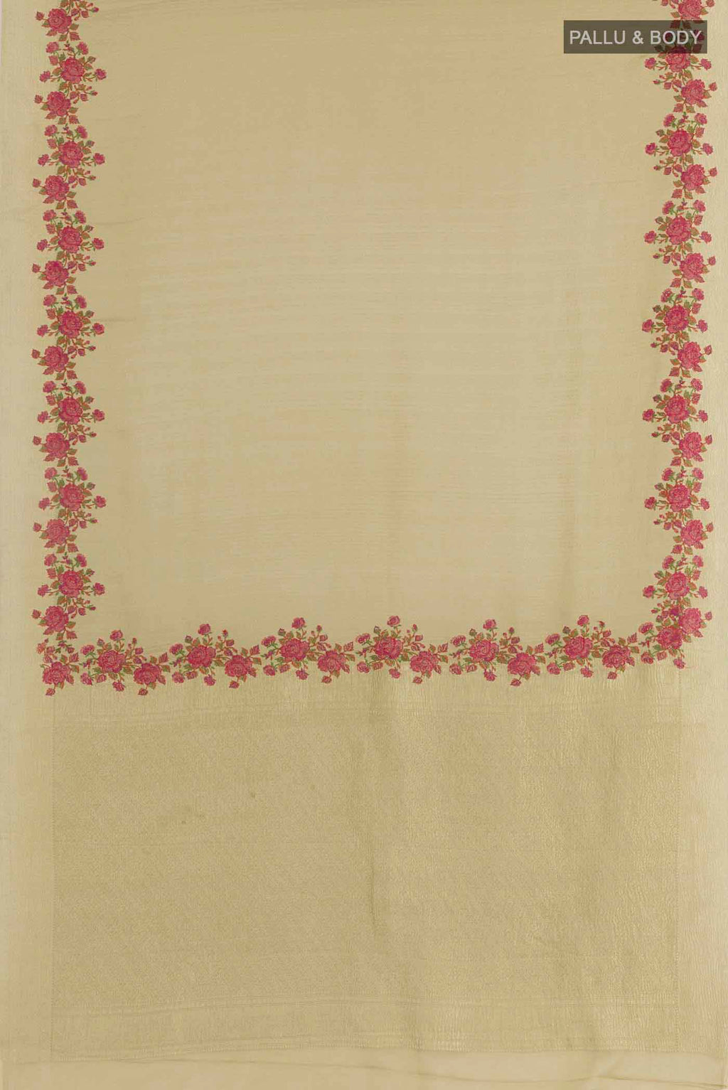 Flat view of Beige Mysore Crepe Saree with Stripes on the body and Embroidery Border