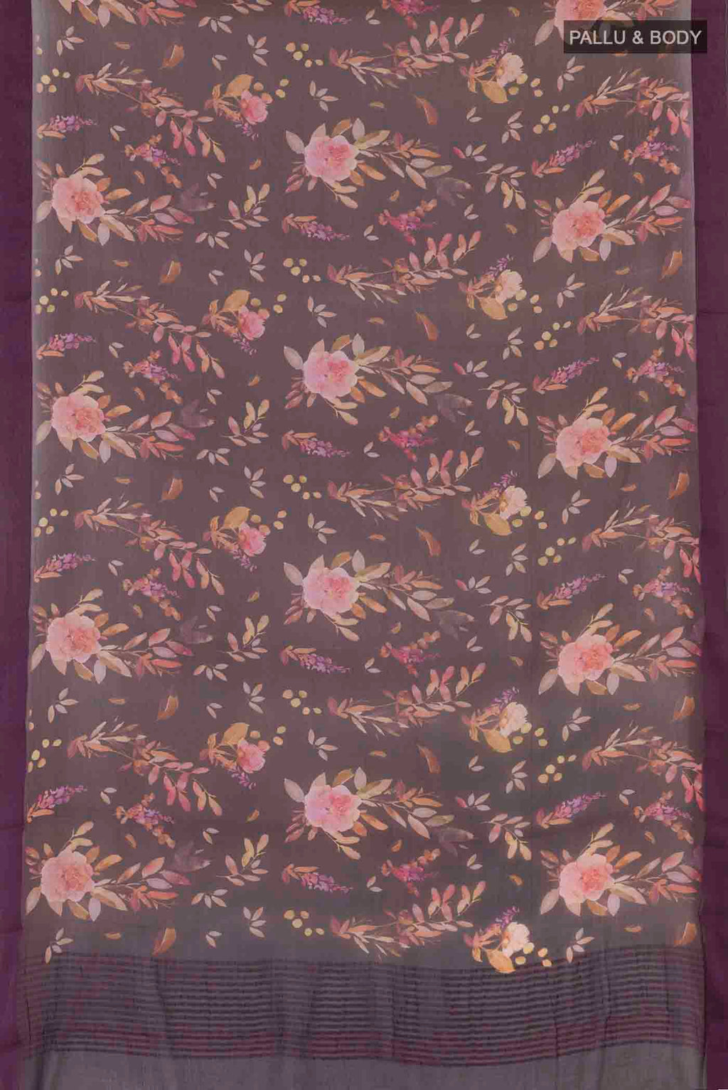 Flat view of Purple Mysore Chiffon Saree with Floral Print on the body and Zari Border