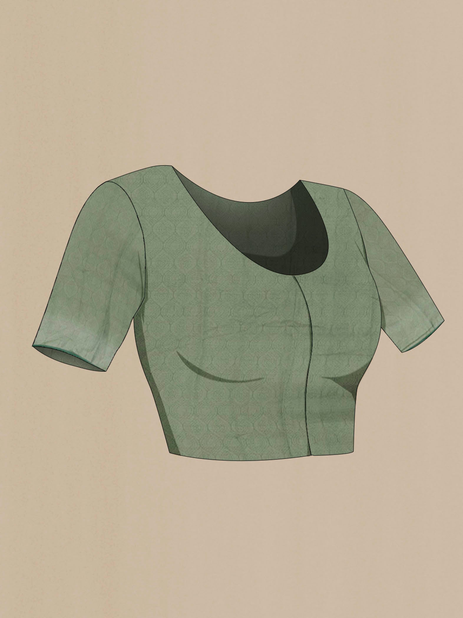 Close up image of the blouse of Green Mysore Chiffon Saree with Printed design on the body and Zari Border