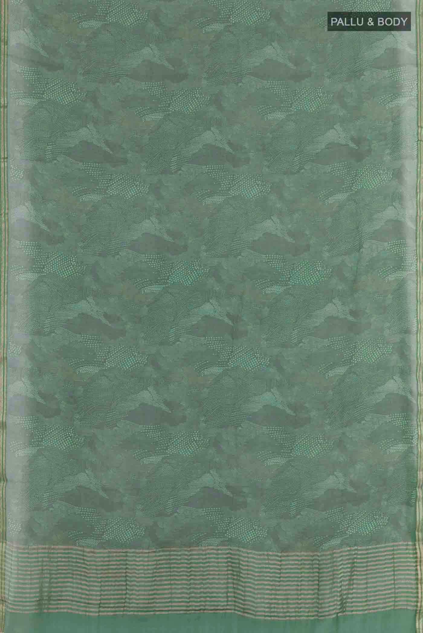 Flat view of Green Mysore Chiffon Saree with Printed design on the body and Zari Border