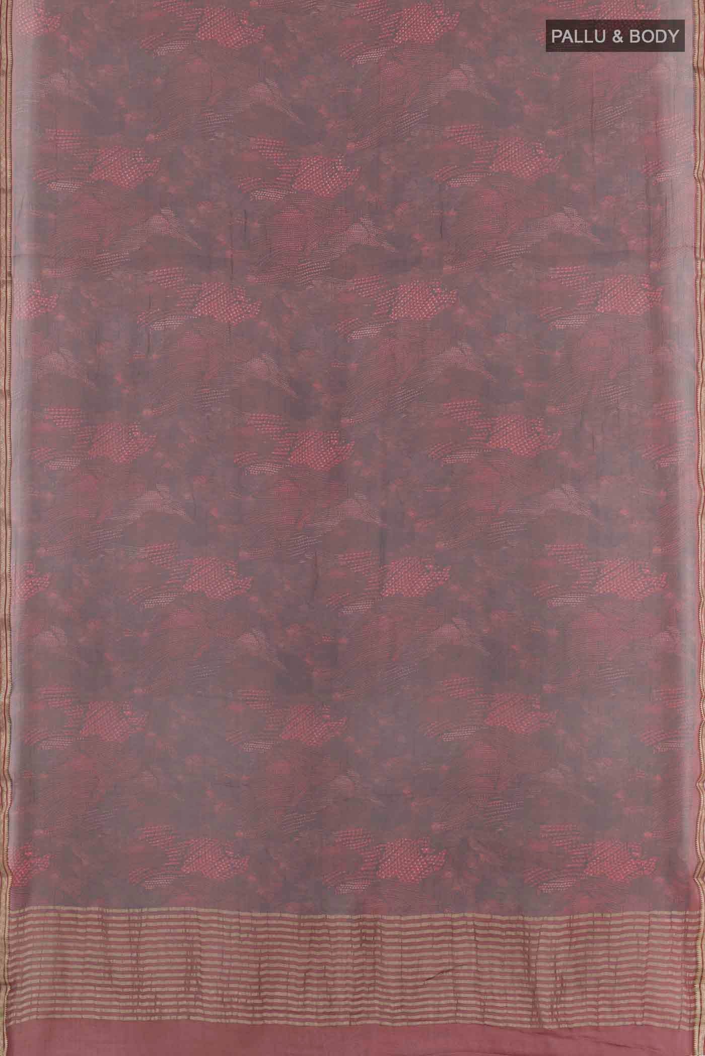 Flat view of Coffee Brown Mysore Chiffon Saree with Printed design on the body and Thin Zari Line