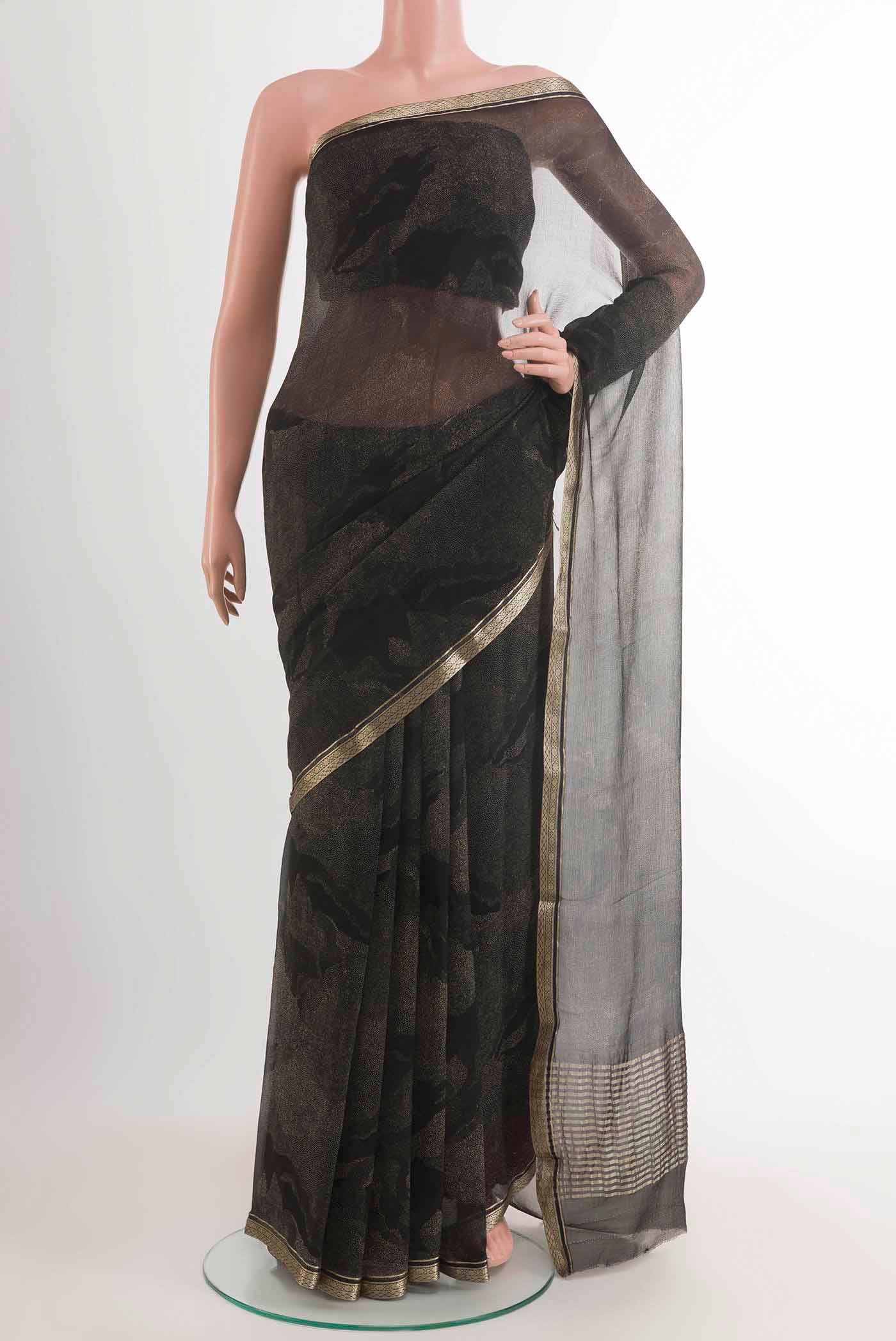 Black Mysore Chiffon Saree with Printed design on the body and Zari Border displayed on a mannequin