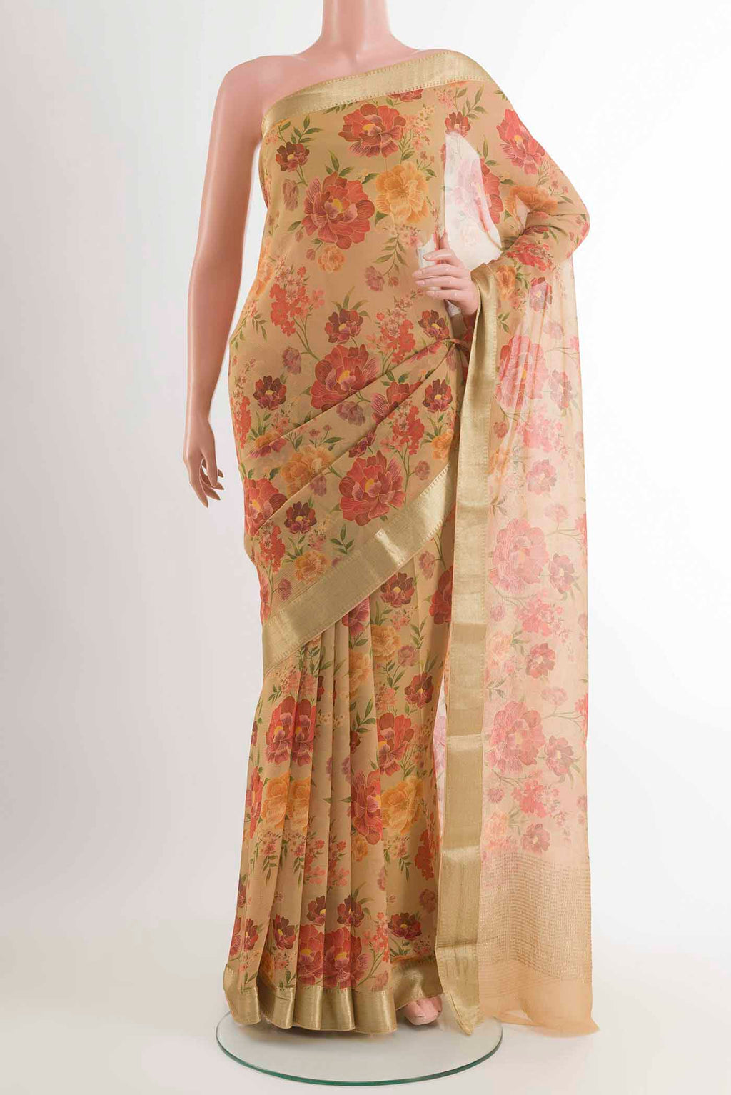 Beige Mysore Chiffon Saree with Floral Print on the body and Zari Border displayed on a mannequin