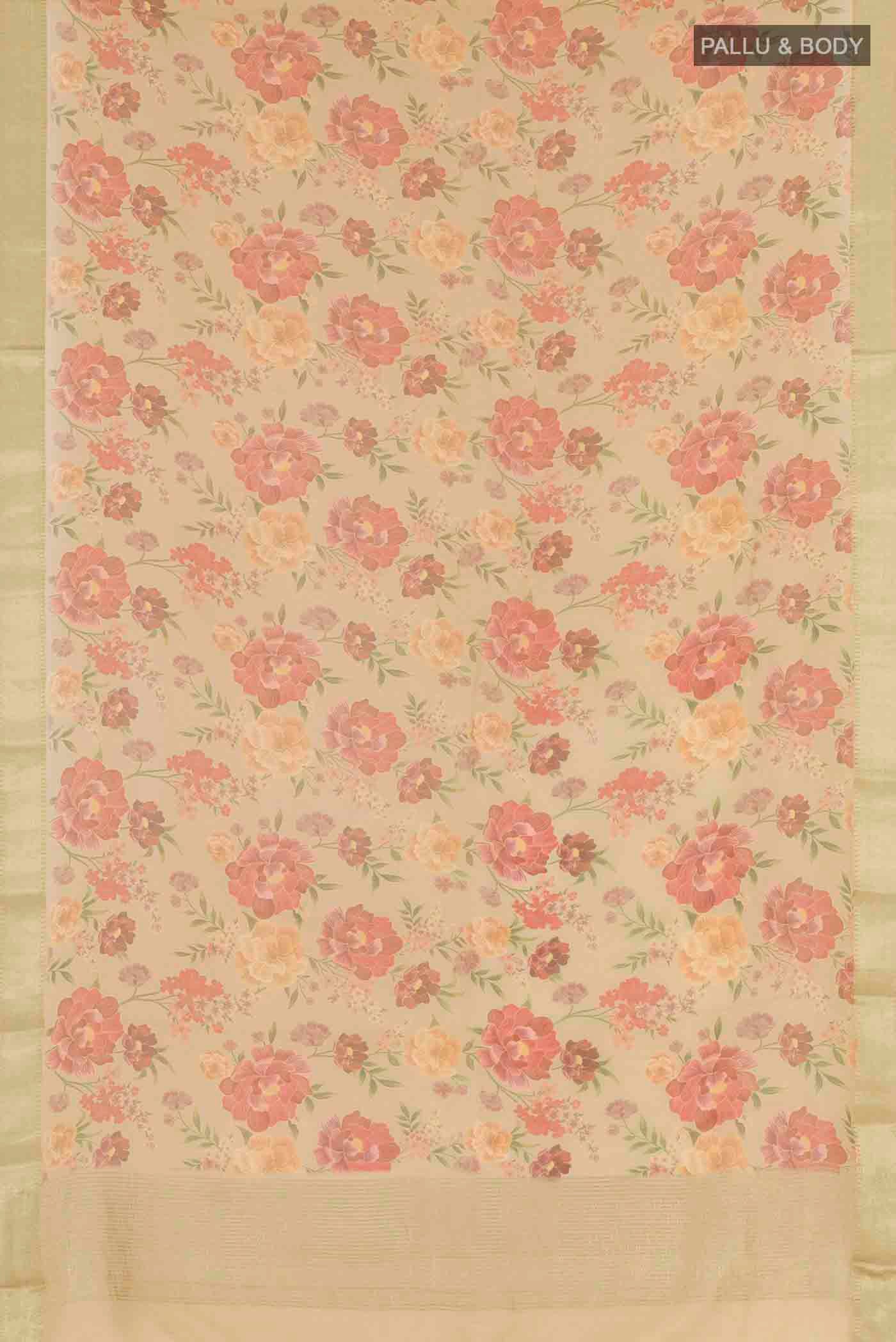 Flat view of Beige Mysore Chiffon Saree with Floral Print on the body and Zari Border