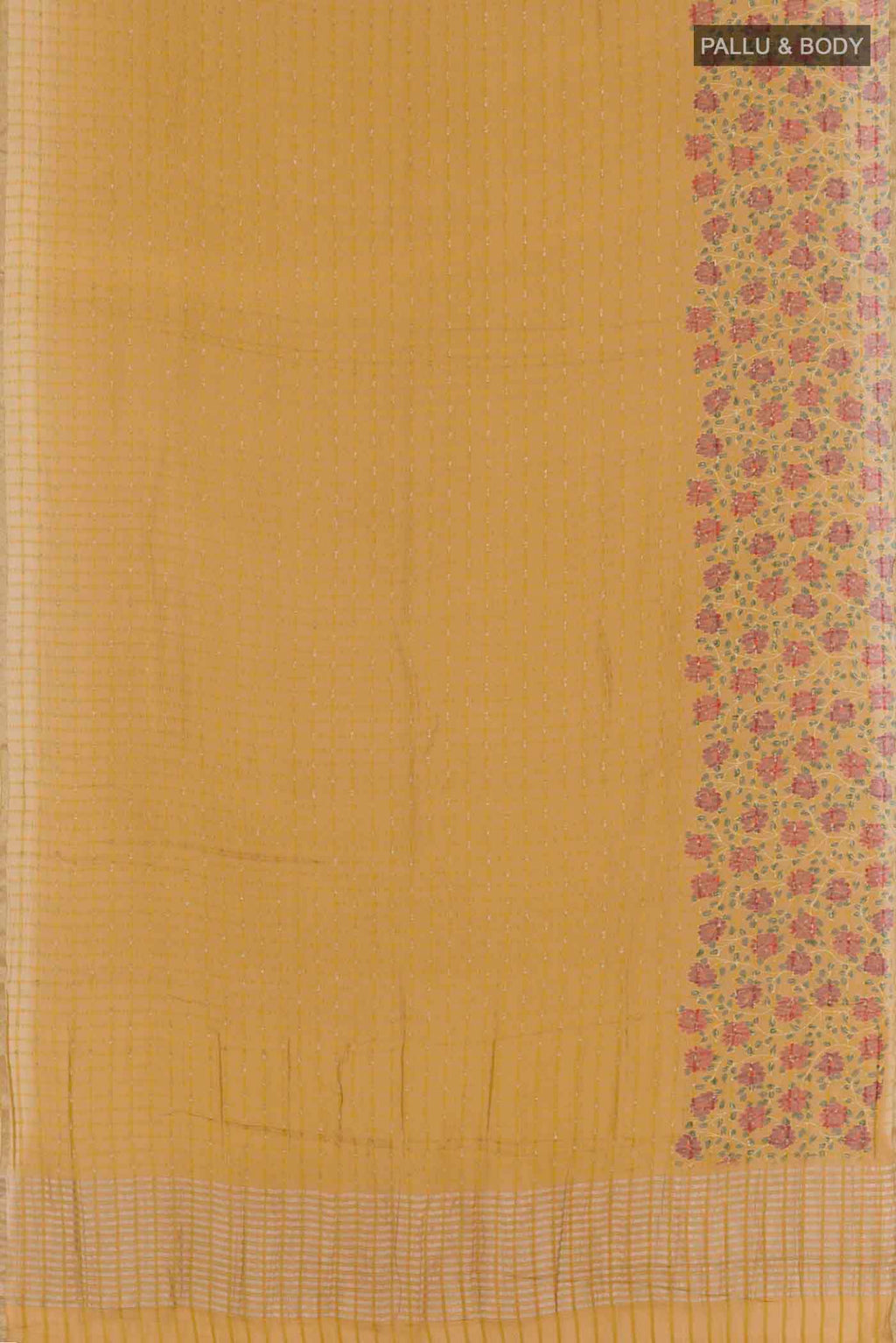 Flat view of Mehandi Green Mysore Chiffon Saree with Checked design on the body and Zari Border