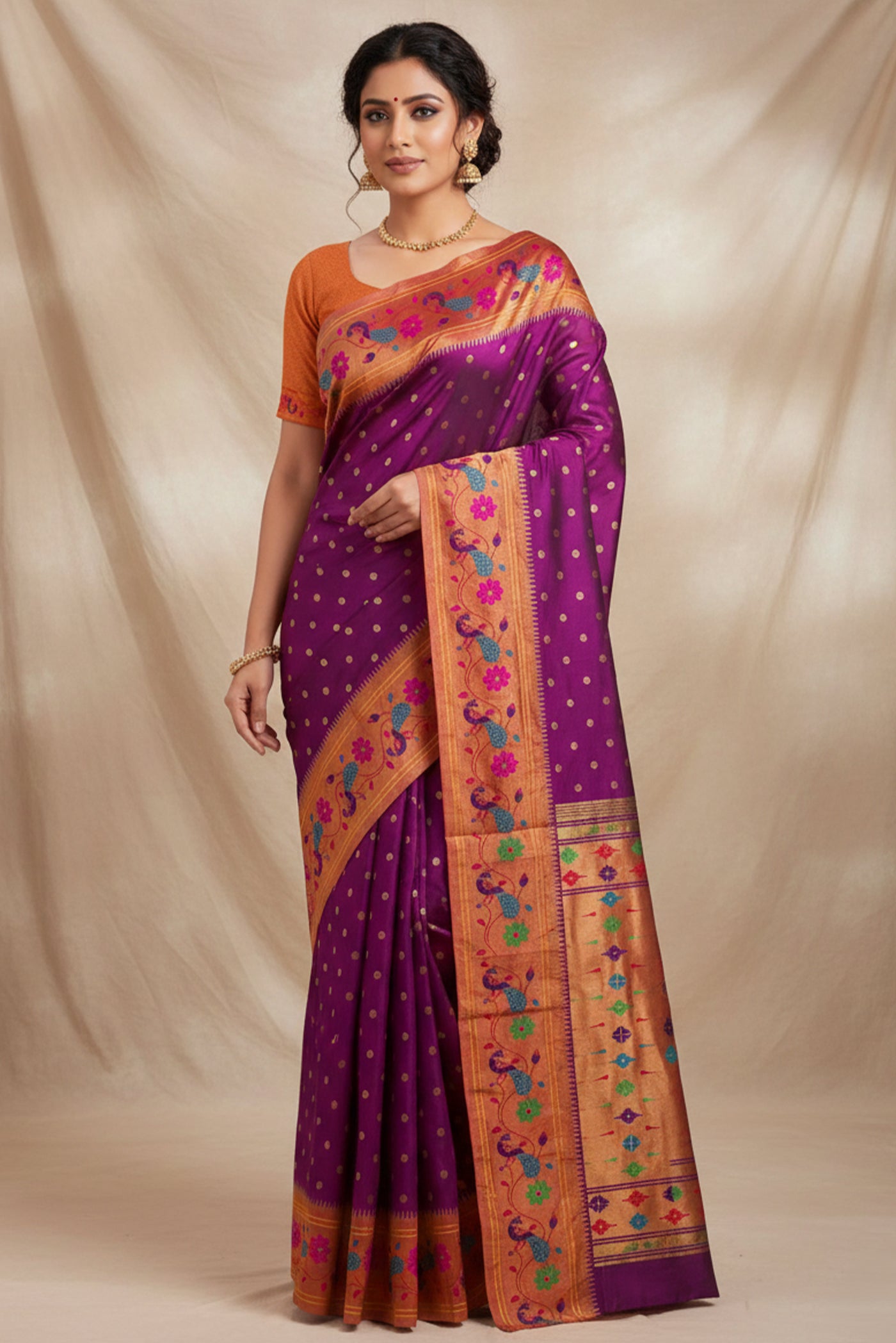 Model wearing a Purple Paithani Silk Saree with Zari Butta on the body and Paithani Border.