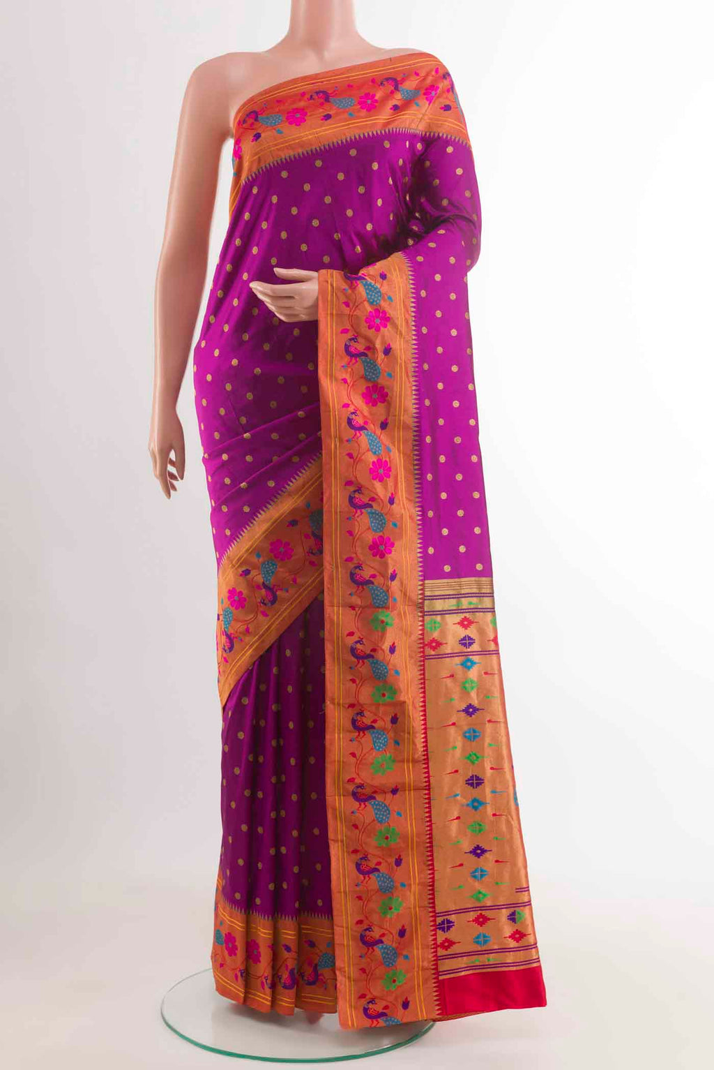 Purple Paithani Silk Saree with Zari Butta on the body and Paithani Border displayed on a mannequin