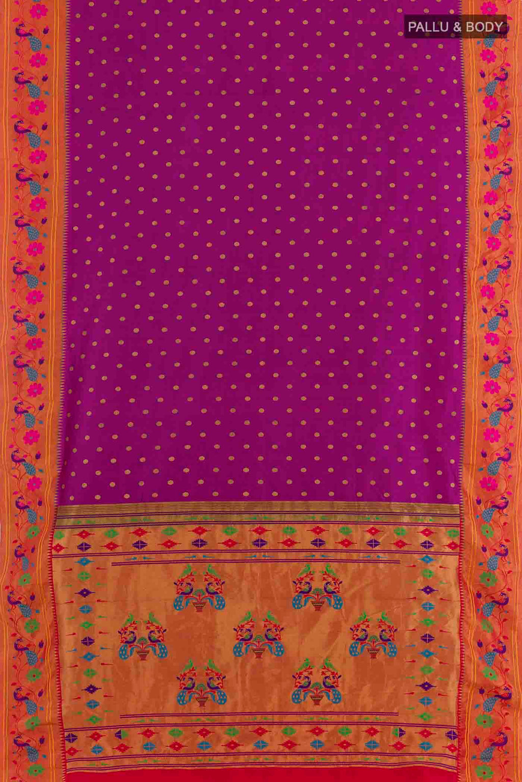 Flat view of Purple Paithani Silk Saree with Zari Butta on the body and Paithani Border