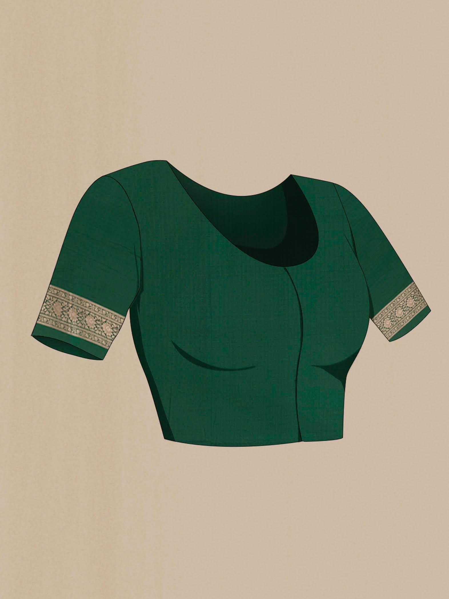 Close up image of the blouse of Green Banarasi Silk Saree with Zari Brocade on the body and Zari Border