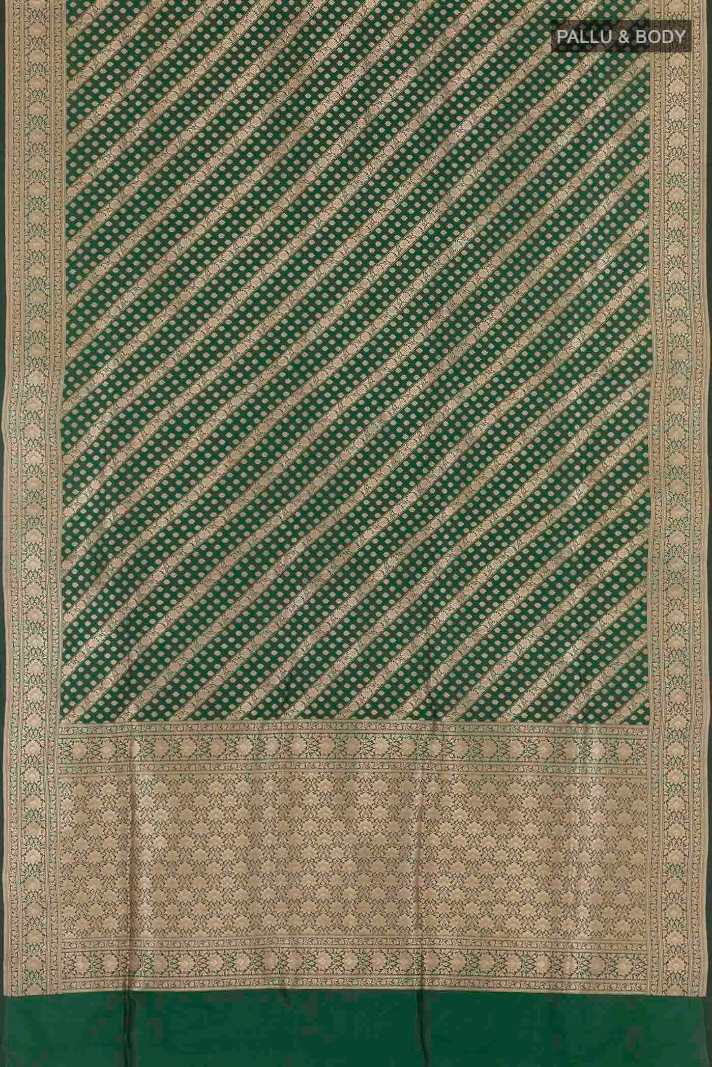Flat view of Green Banarasi Silk Saree with Zari Brocade on the body and Zari Border
