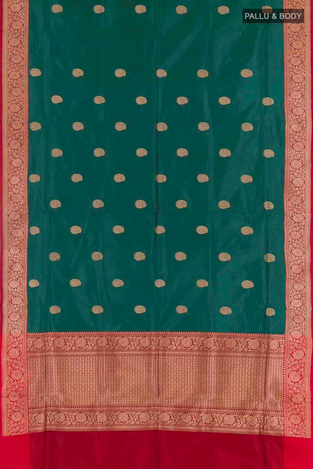 Flat view of Green Banarasi Katan Silk Saree with Zari Butta on the body and Zari Border